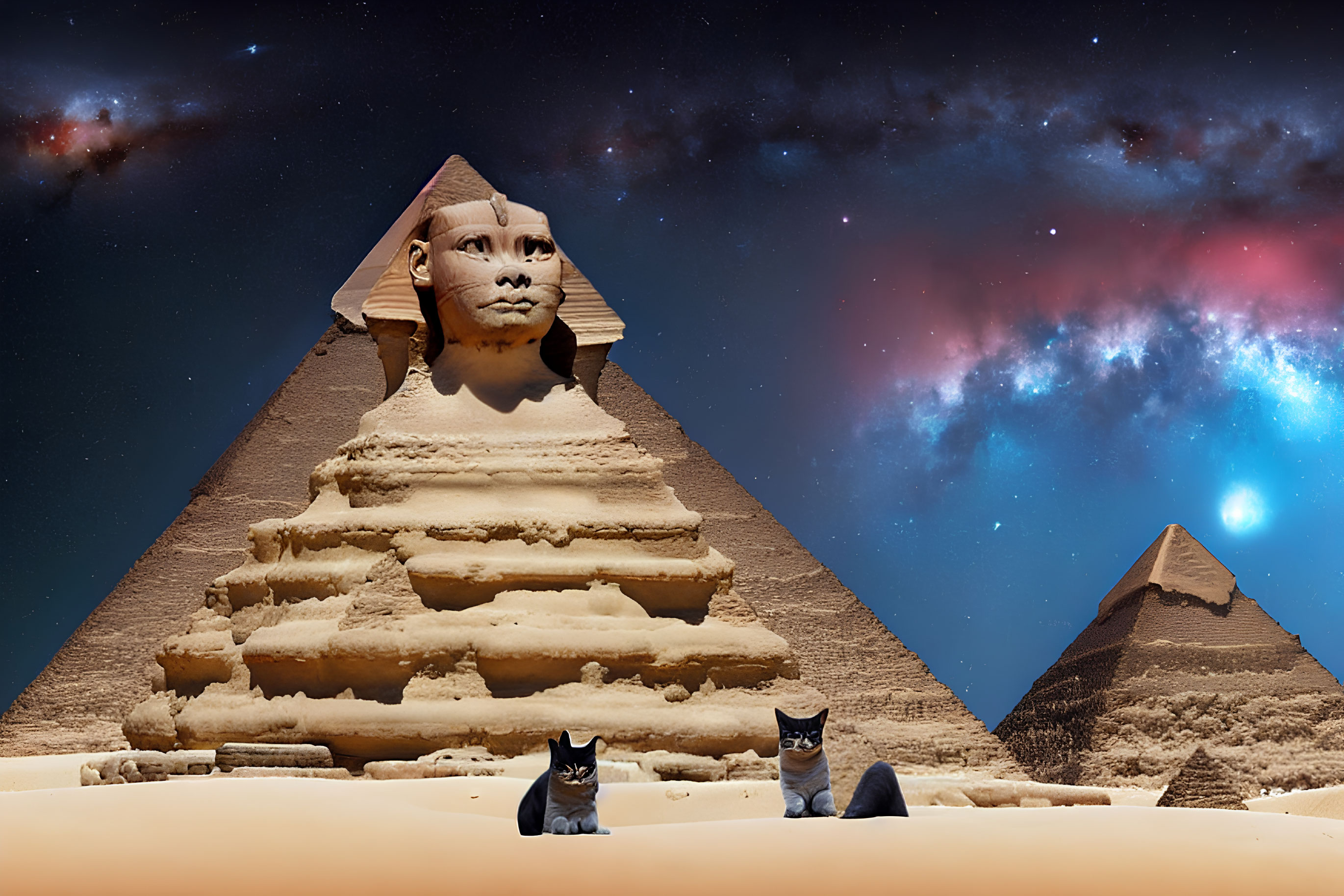 Great Sphinx and Pyramid in Giza with Cats Under Starry Night Sky