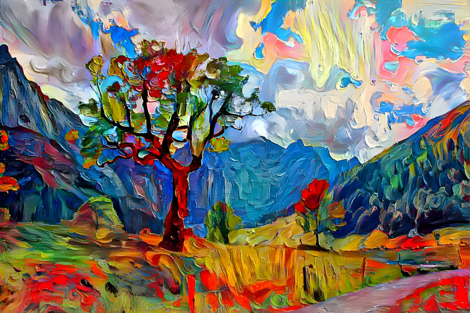 Painter colorful tree with landscape