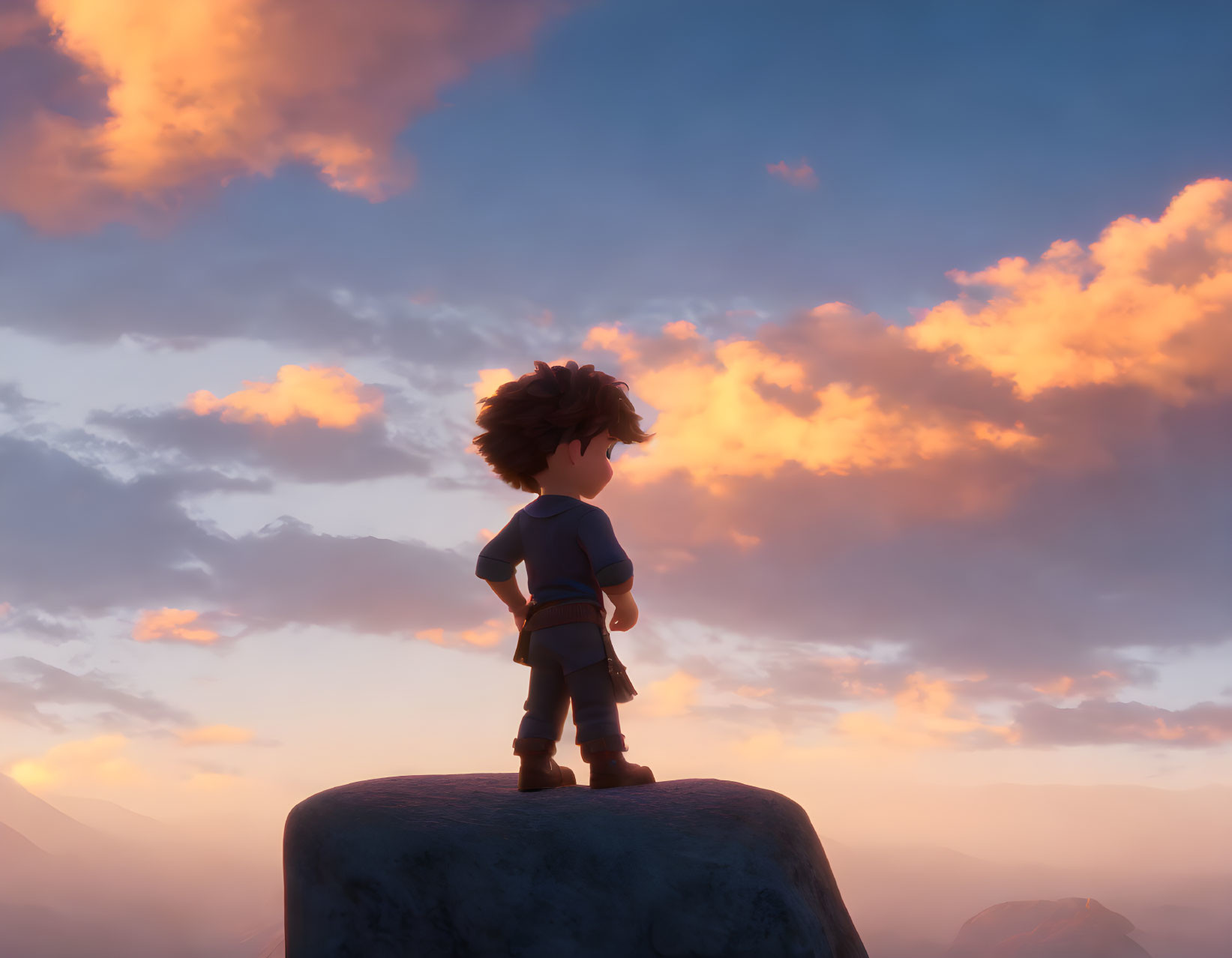 Young boy standing on a rock with clouds in back