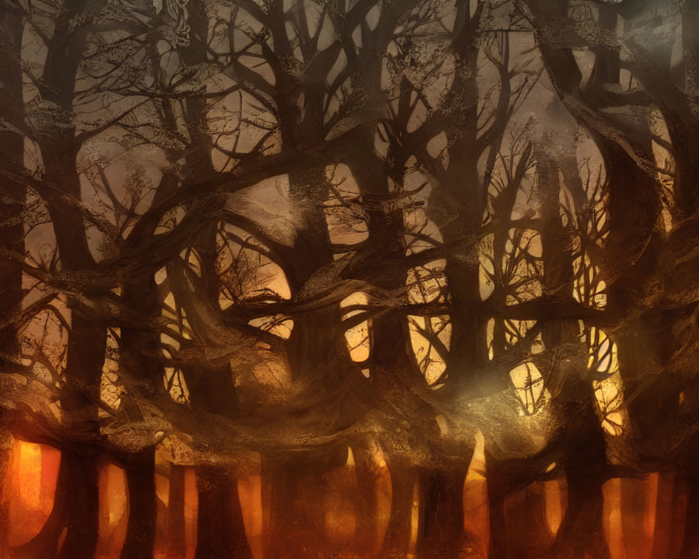 Mystical forest with gnarled trees and intertwined branches