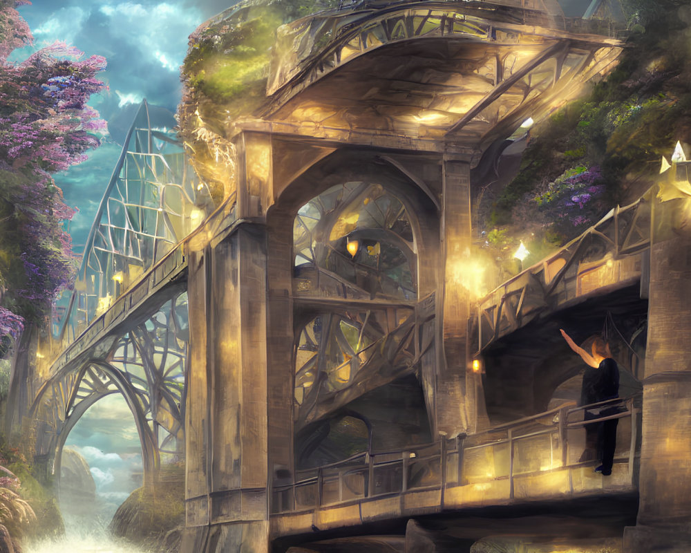Ethereal fantasy landscape with stone bridge and glowing lanterns