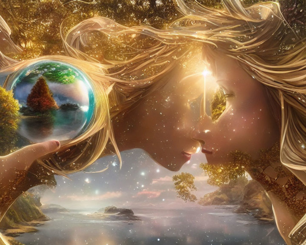 Female entity blending into cosmic backdrop with sphere reflecting lush landscape in fantastical scene.