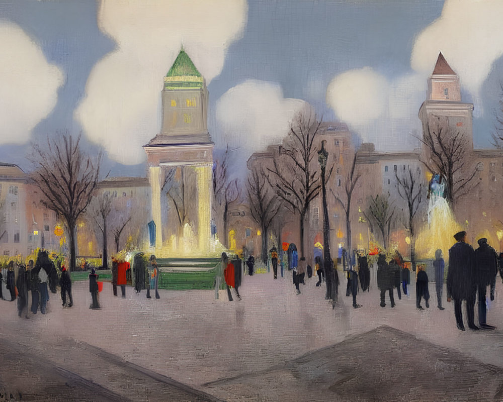 Impressionist painting: City square at dusk with pedestrians and illuminated buildings