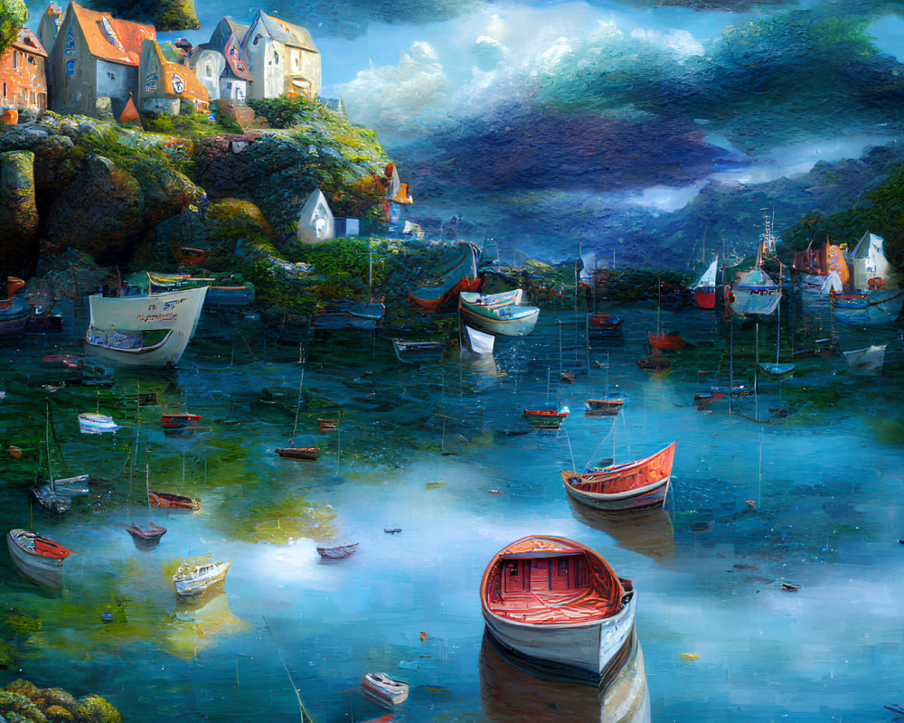 Colorful harbor scene with boats, houses, and surreal sky