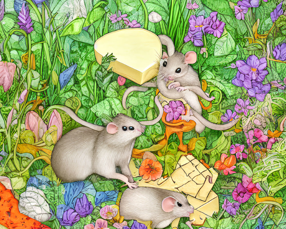 Three Mice in Flower Garden with Cheese Slice and Block