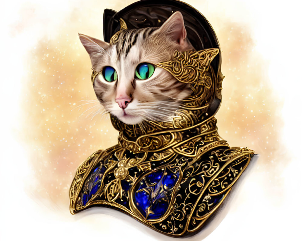 Blue-eyed cat in golden armor with sapphire accents.