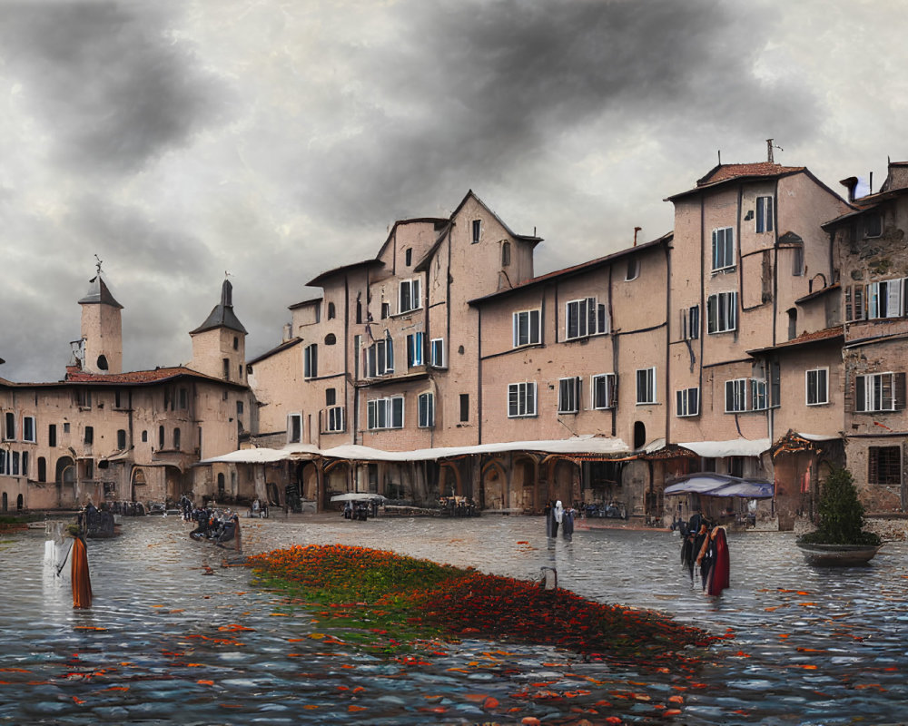 Historic cobblestone village plaza with old buildings, pedestrians, and flower petals-covered river