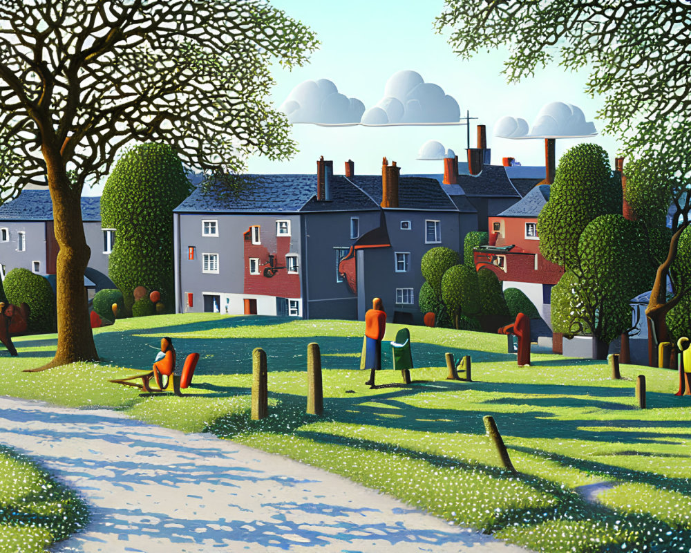 Vibrant village scene with people, trees, houses, and blue sky