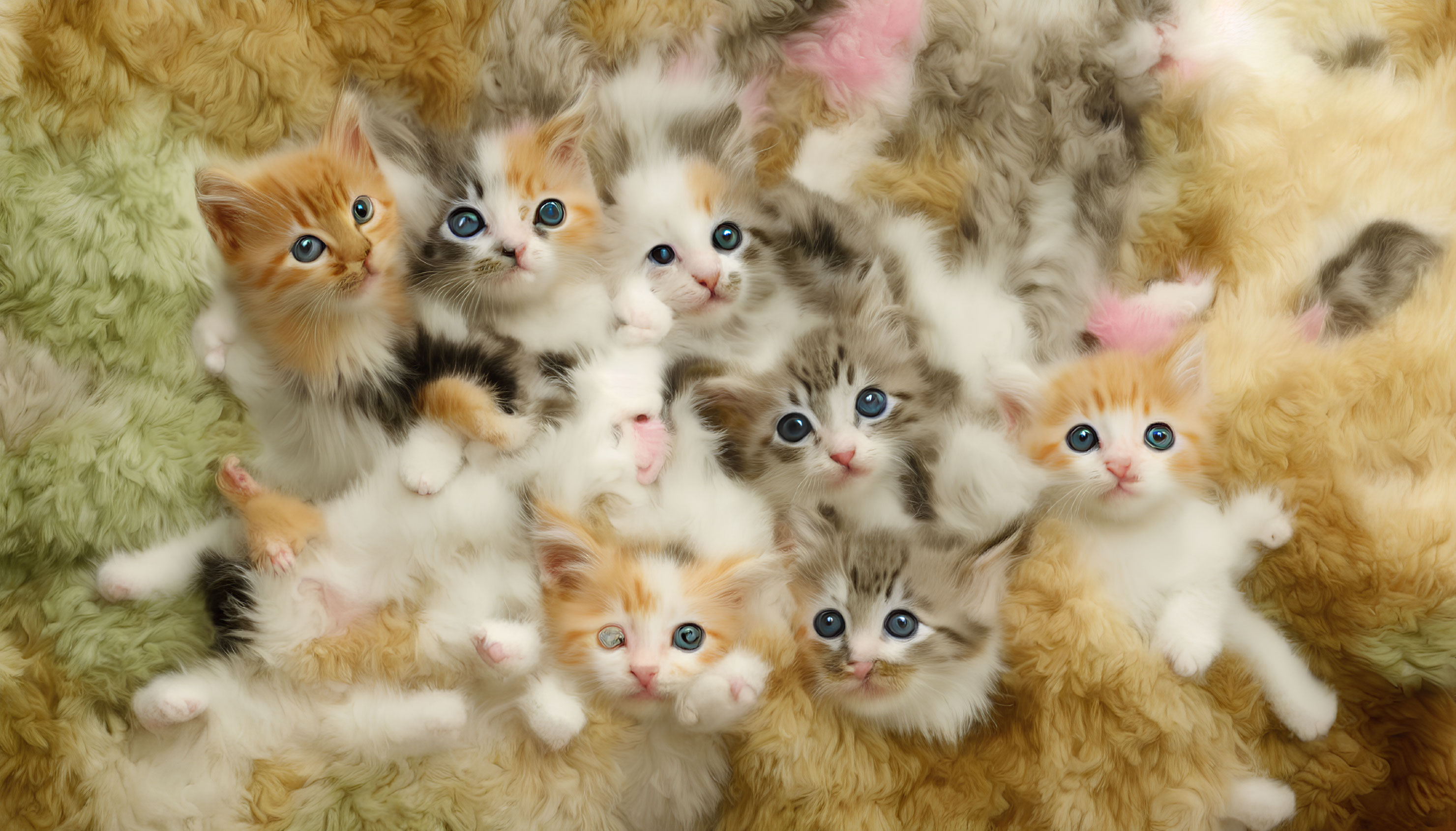 Group of Fluffy Kittens with Bright Blue Eyes Cuddled Together
