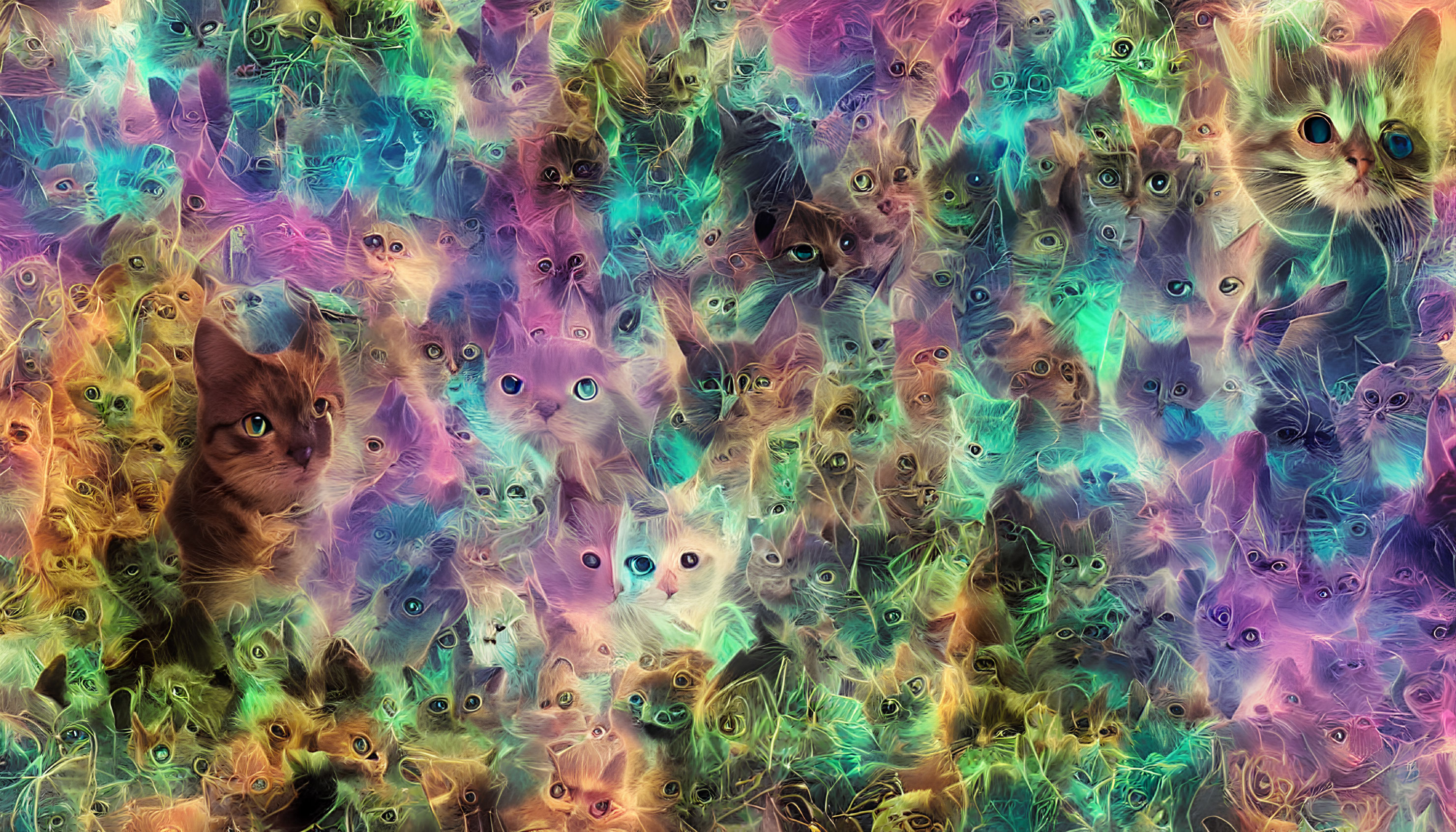 Vibrant Psychedelic Artwork with Multiple Cat Faces