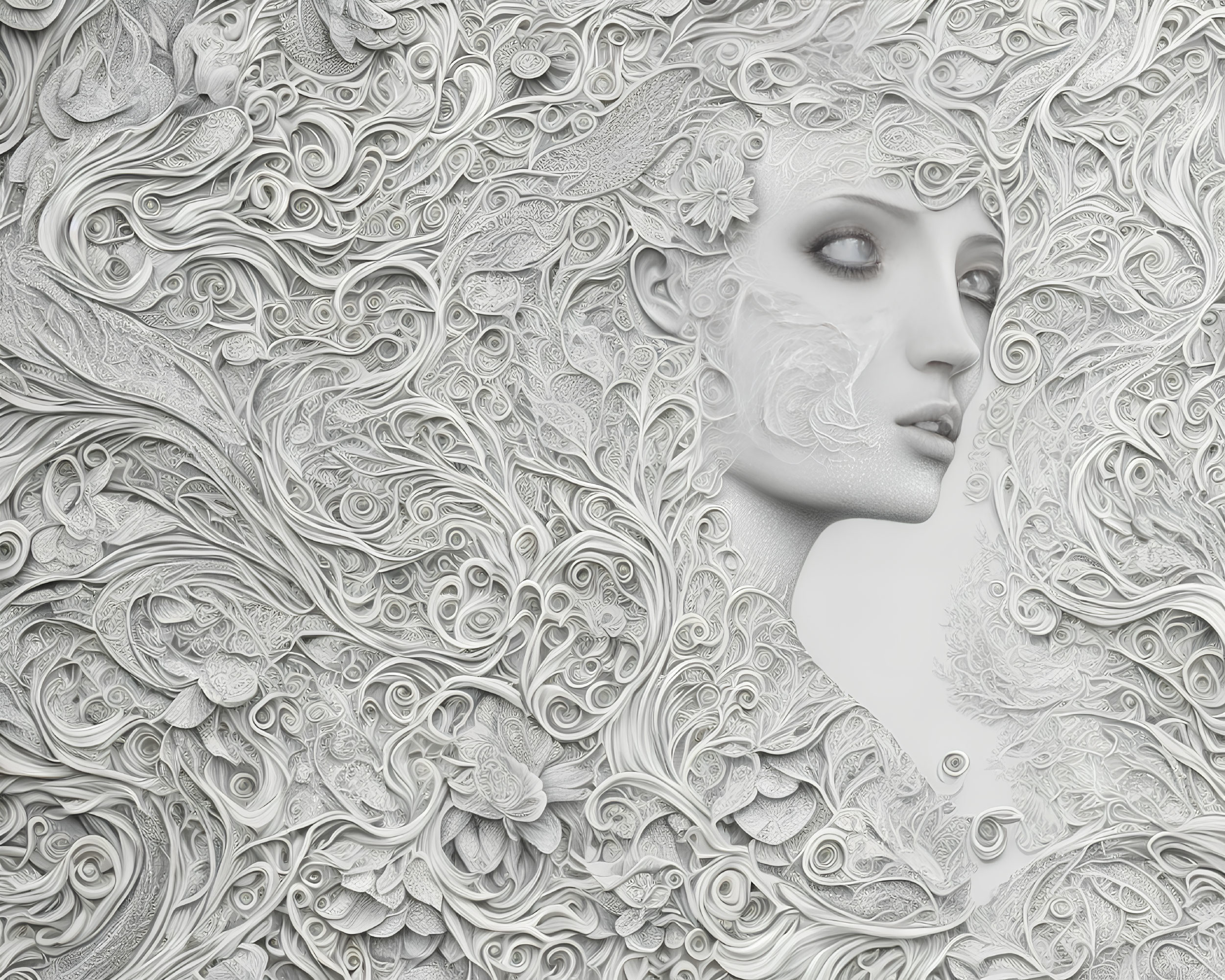 Intricate Bas-Relief of Woman's Face in Floral Patterns