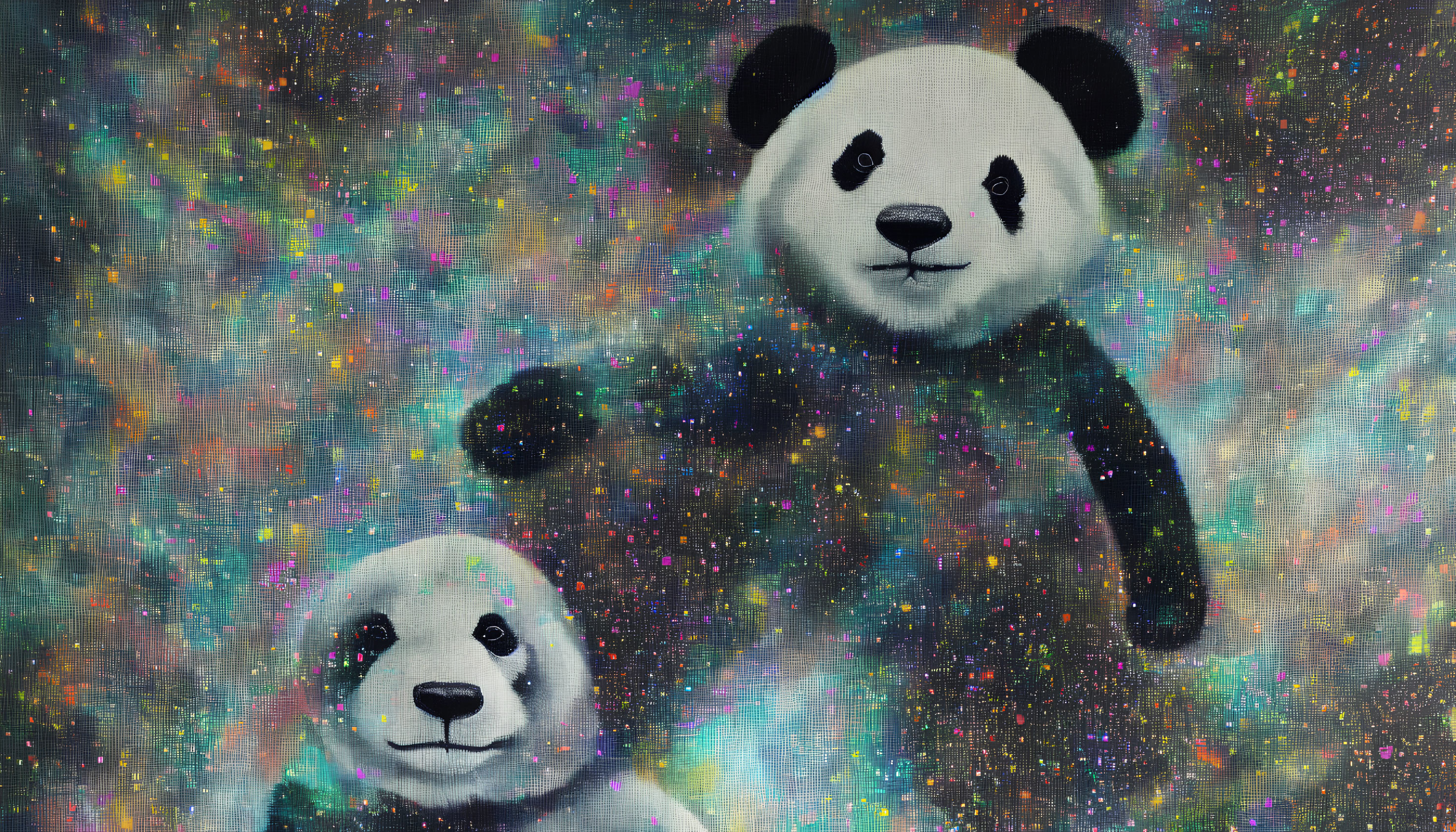 Two panda bears in vibrant cosmic setting