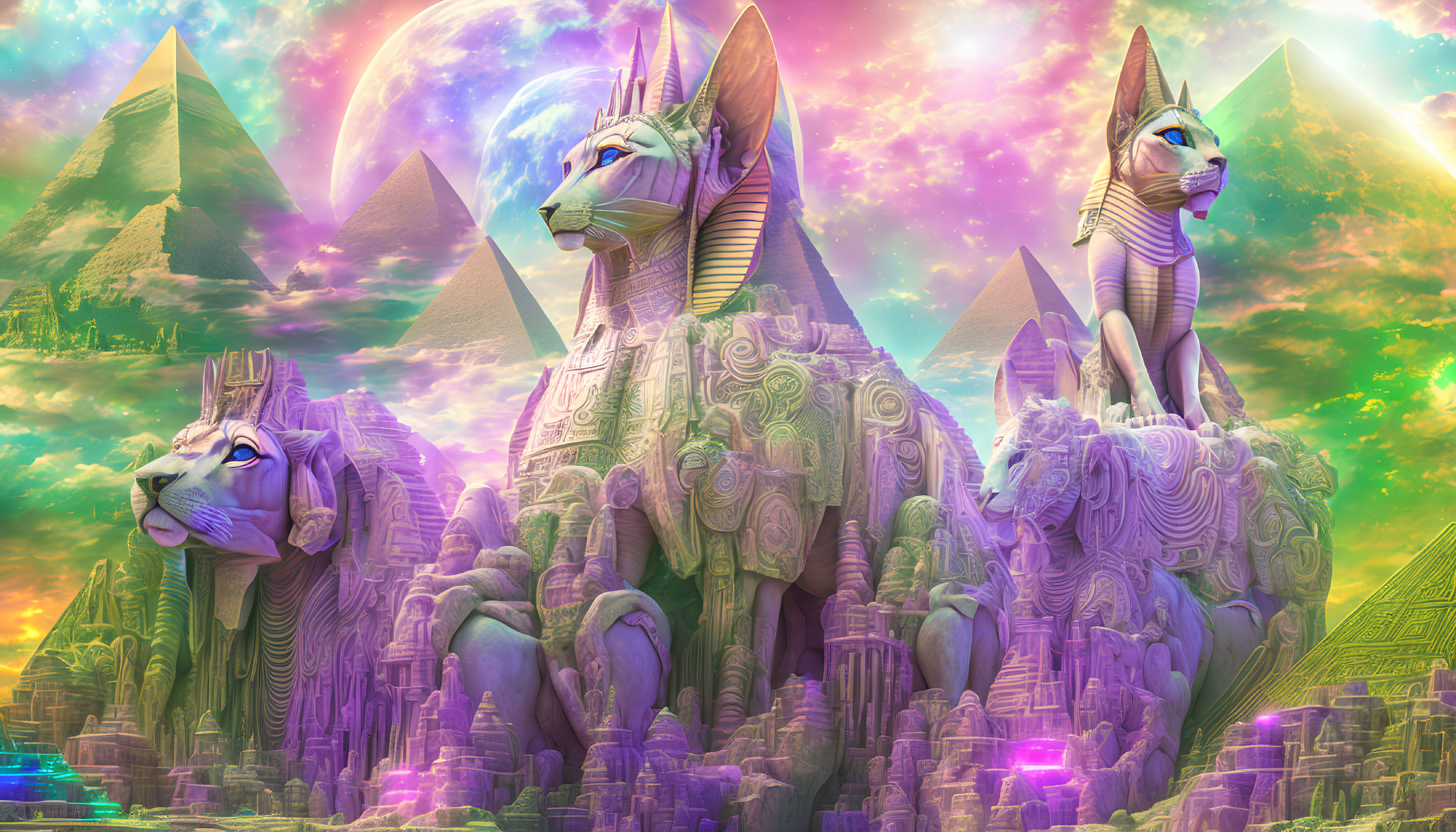 Surreal digital artwork: stylized sphinxes, intricate patterns, Great Pyramids