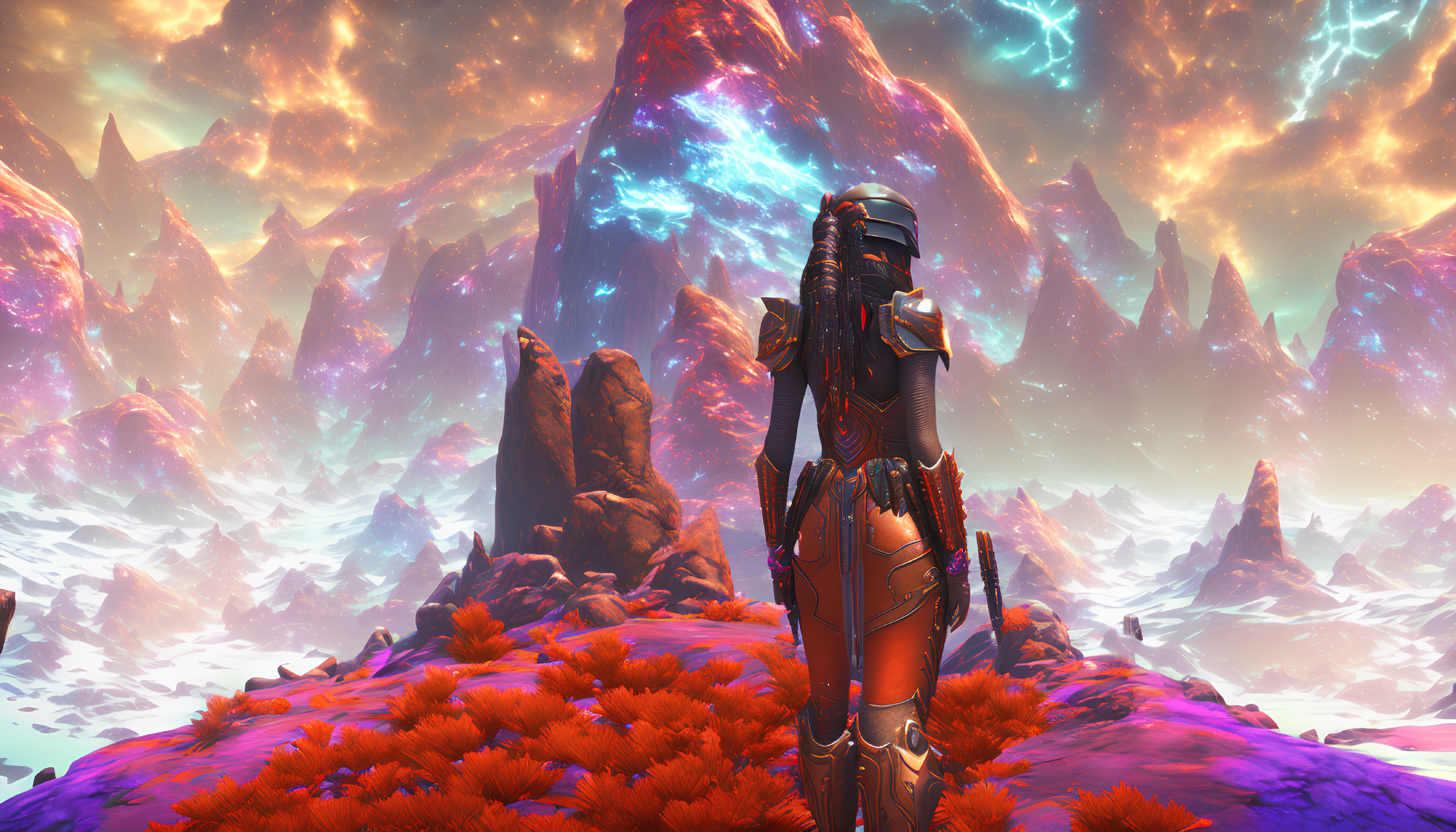 Futuristic armored figure in neon alien landscape with crimson flora