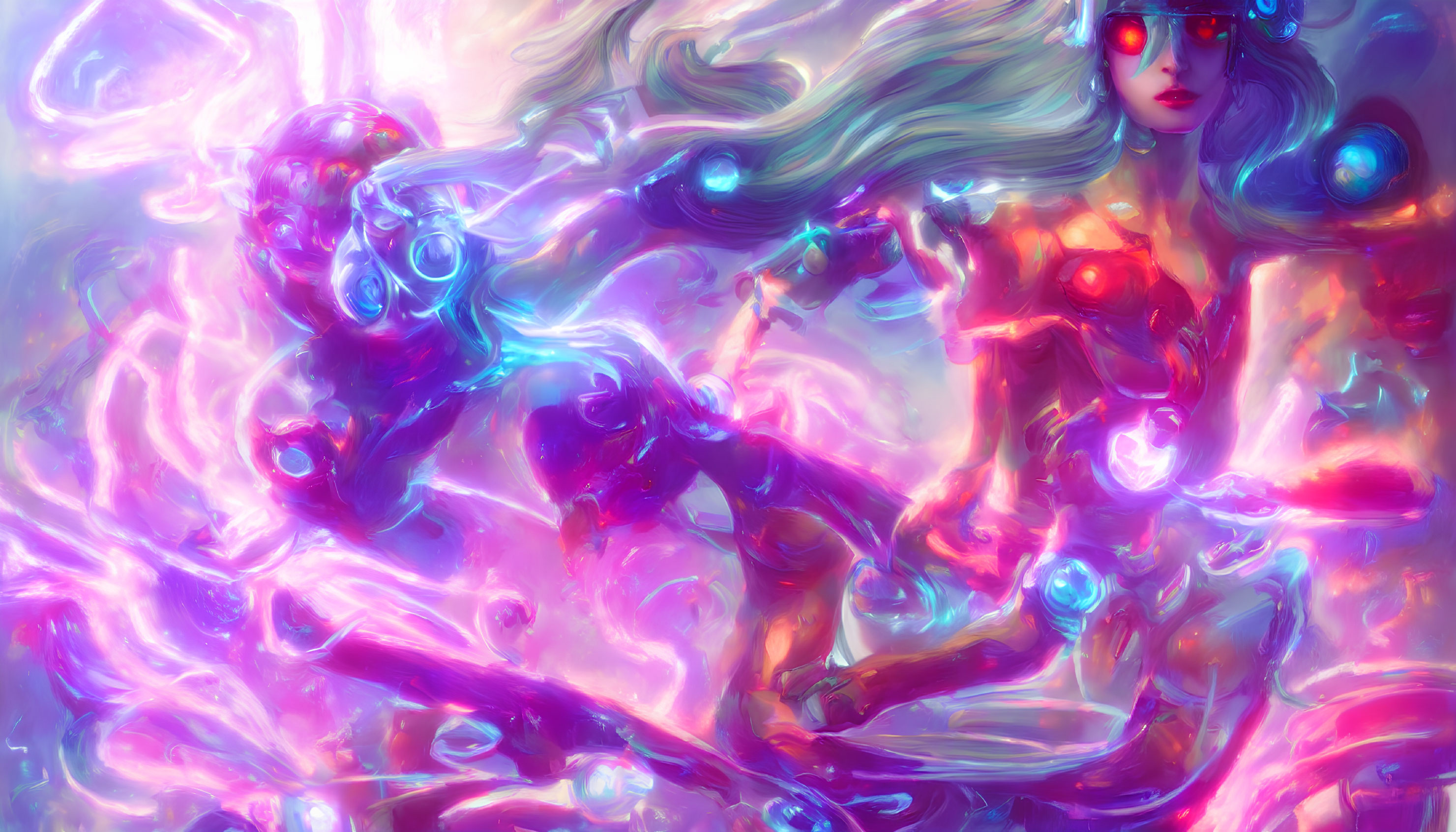Colorful artwork of woman with flowing hair and futuristic goggles in pink and purple ambiance.