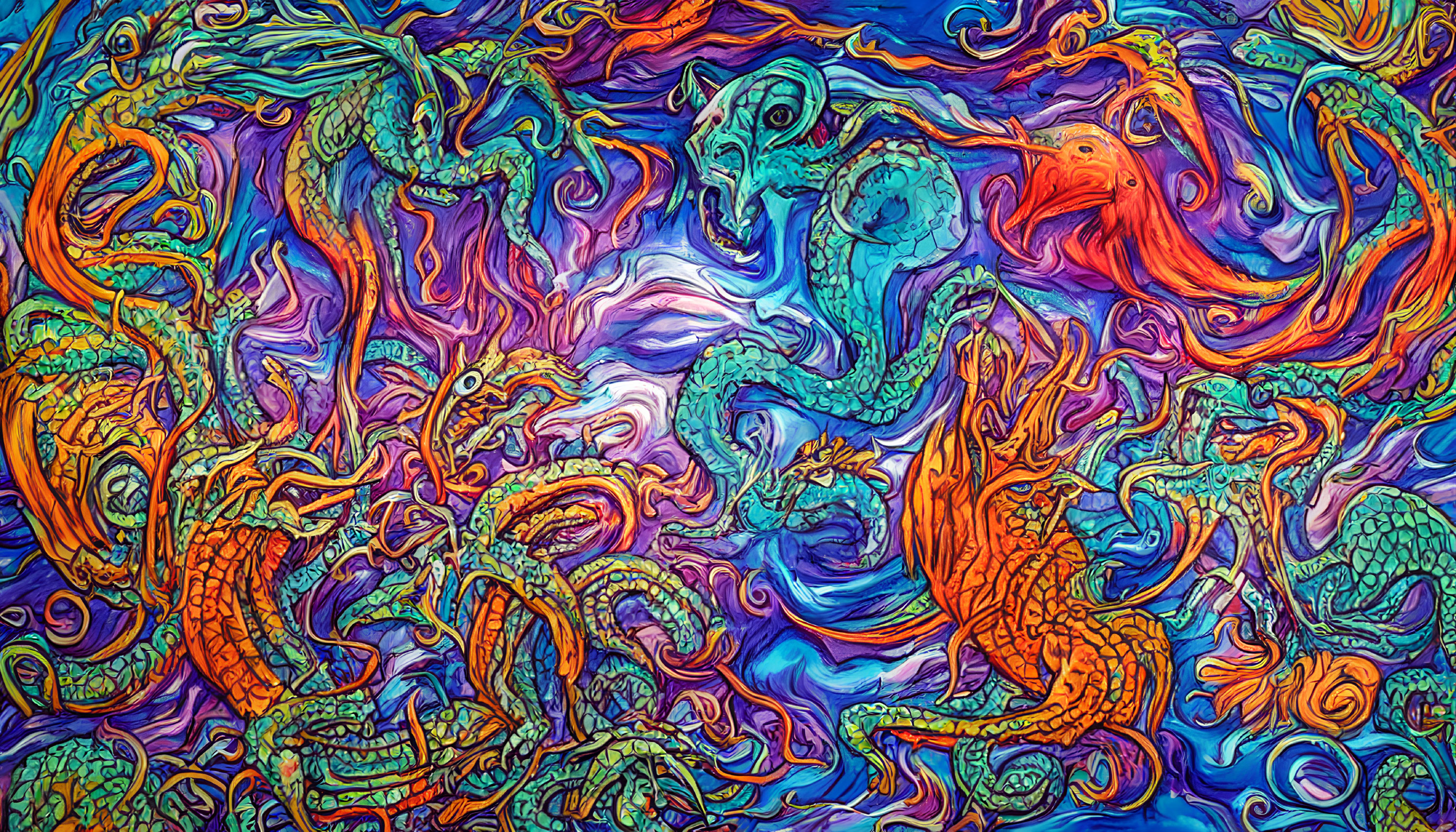 Colorful Dragon Artwork with Swirling Blue and Purple Patterns