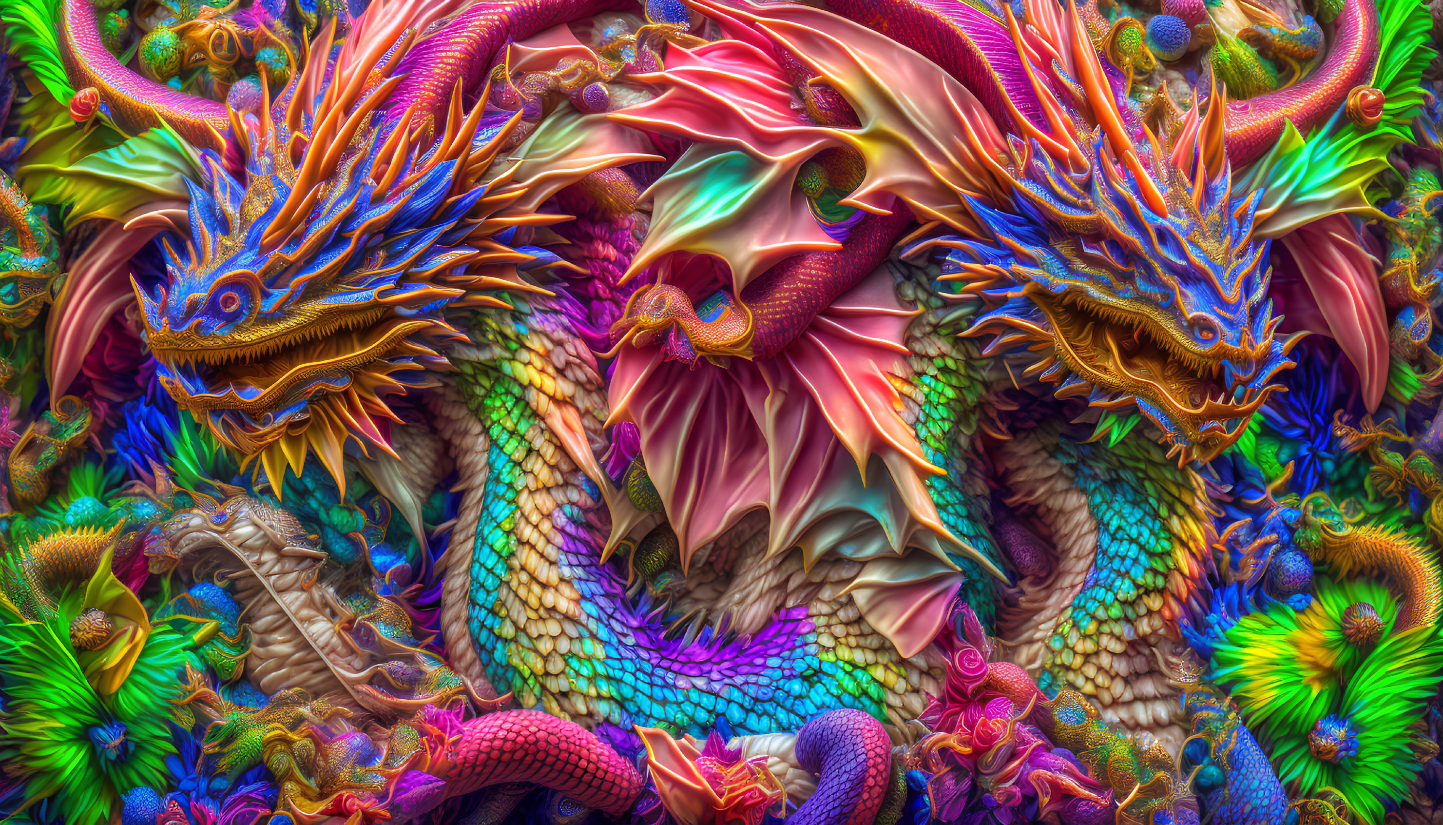 Colorful Fractal Art: Two Dragons in Neon Colors