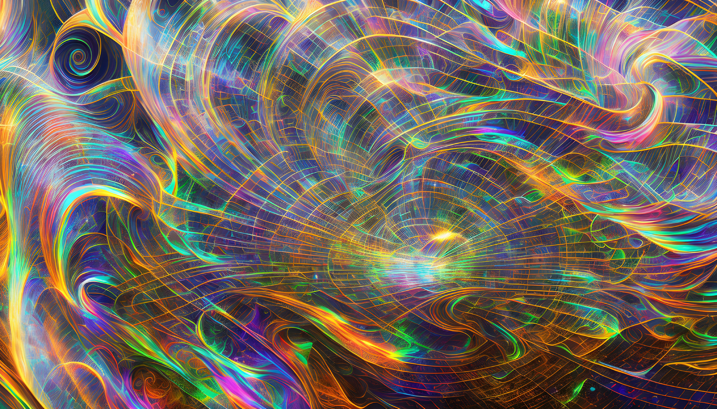 Colorful cosmic swirl digital art with iridescent colors and flowing lines.