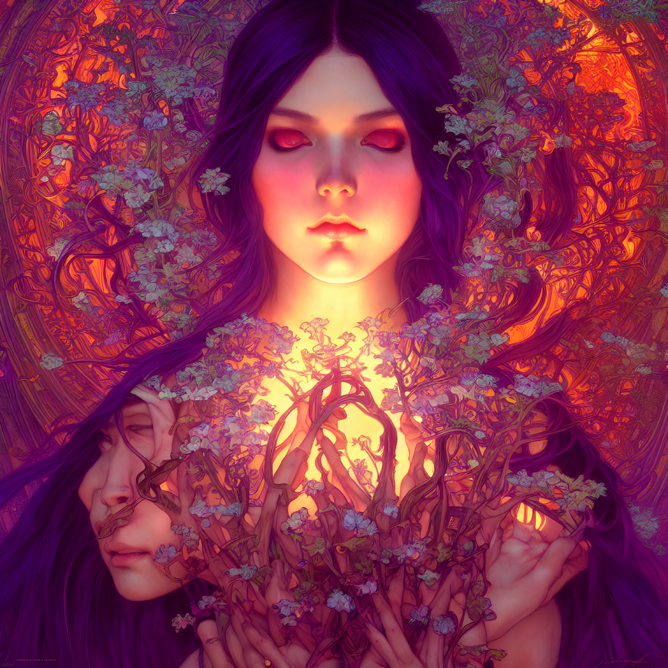 Vivid illustration of person with purple hair and glowing hands amidst intricate floral patterns