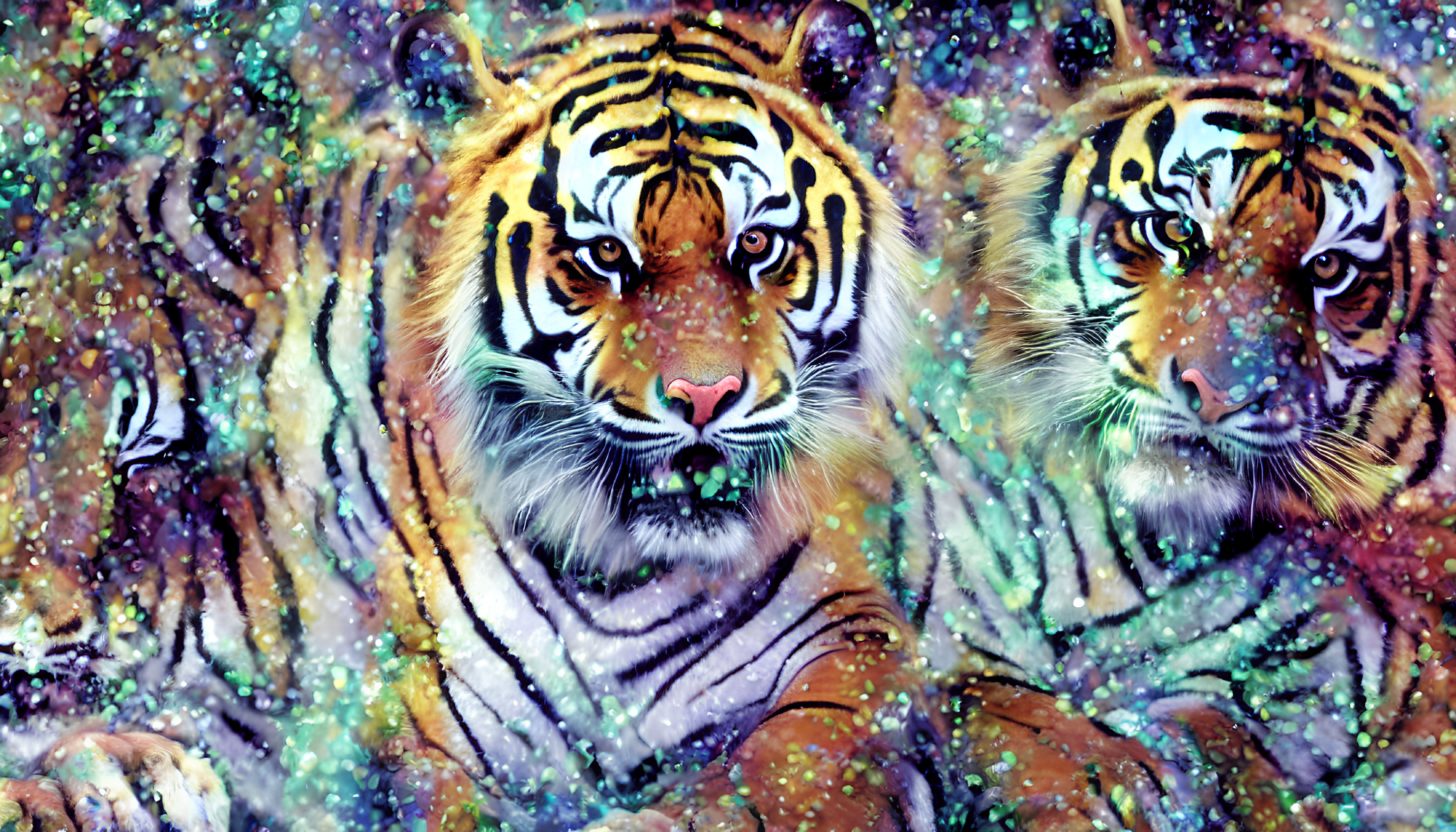 Cosmic-inspired digital art of two tigers in nebula background