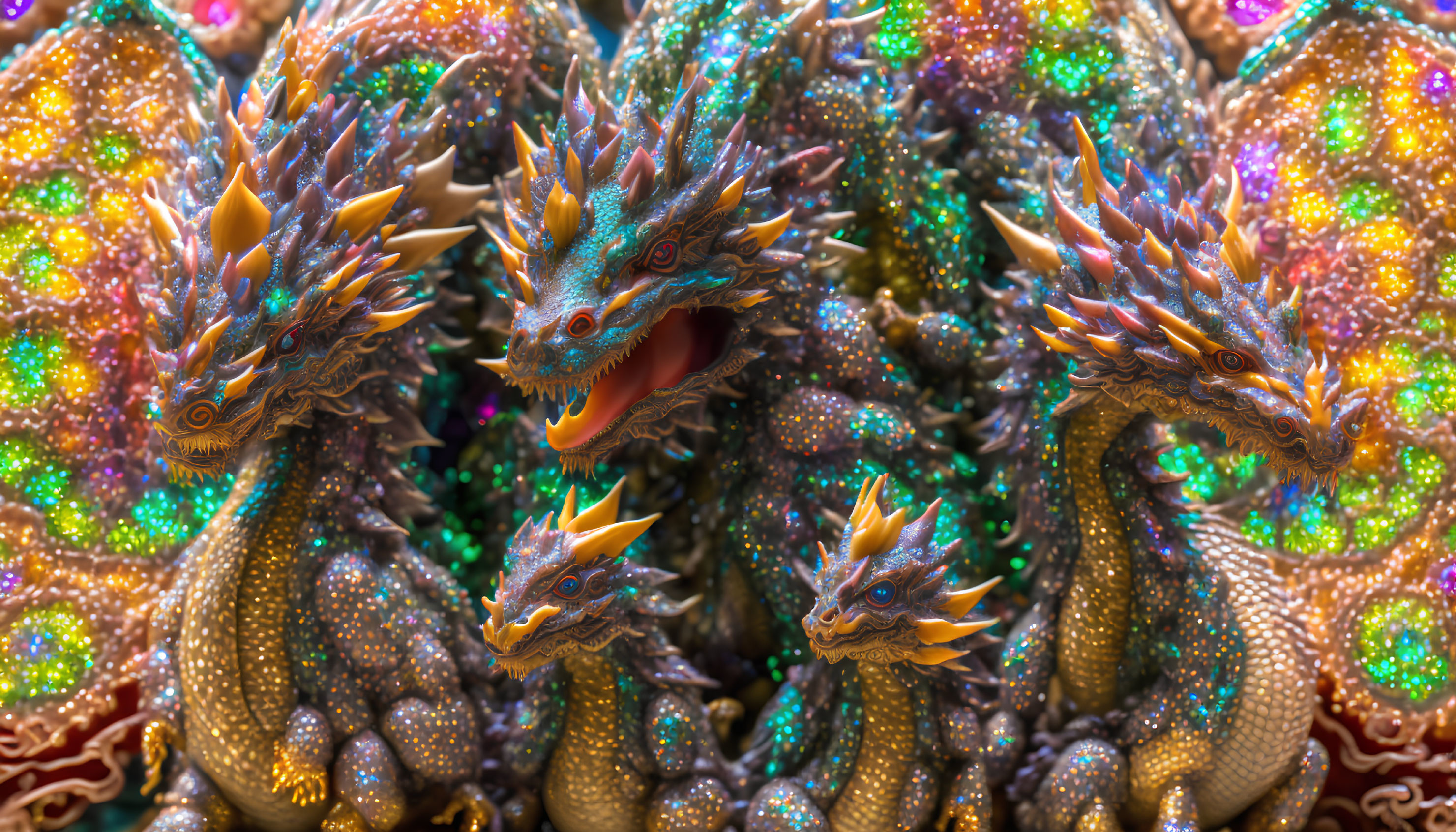 Colorful Dragon Sculptures on Glittering Background