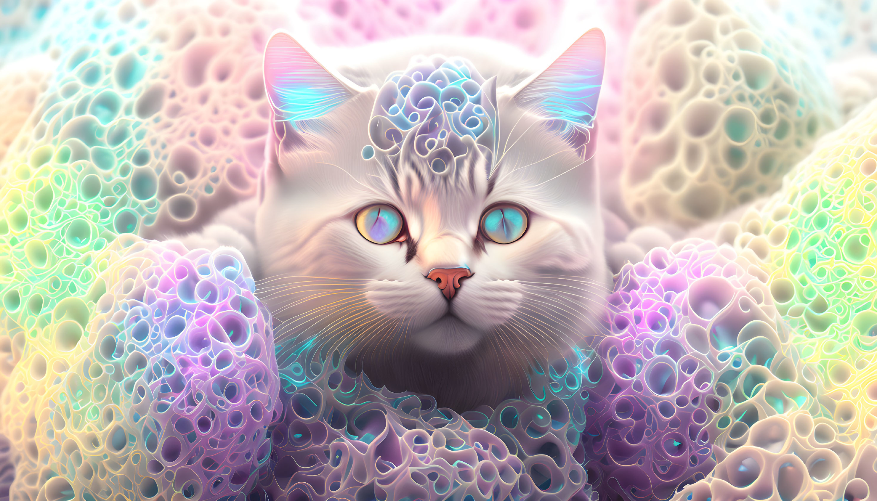 Colorful Stylized Cat Art with Intricate Patterns and Bubbles