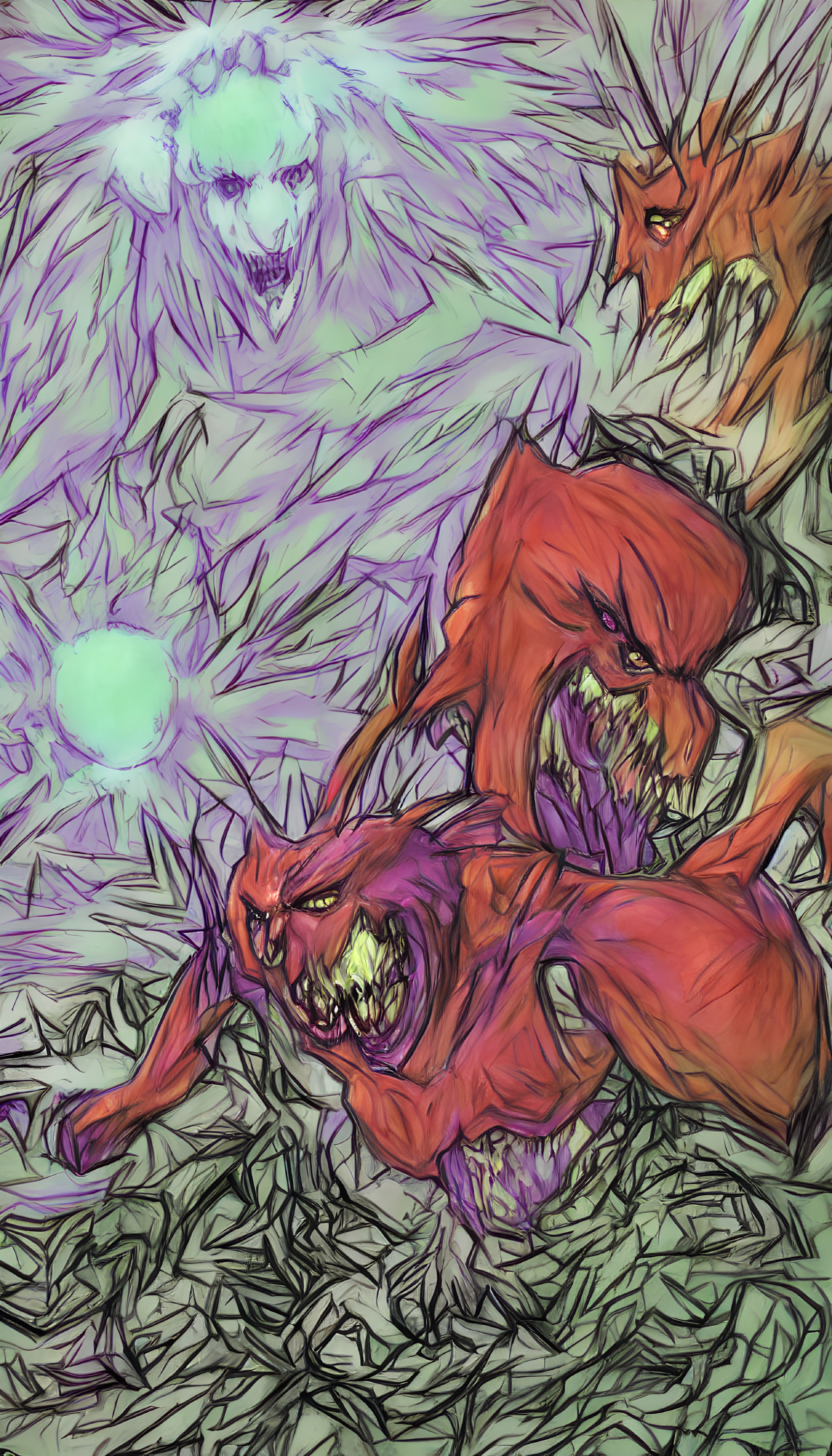 Digital artwork of ferocious dragons clashing in purple clouds