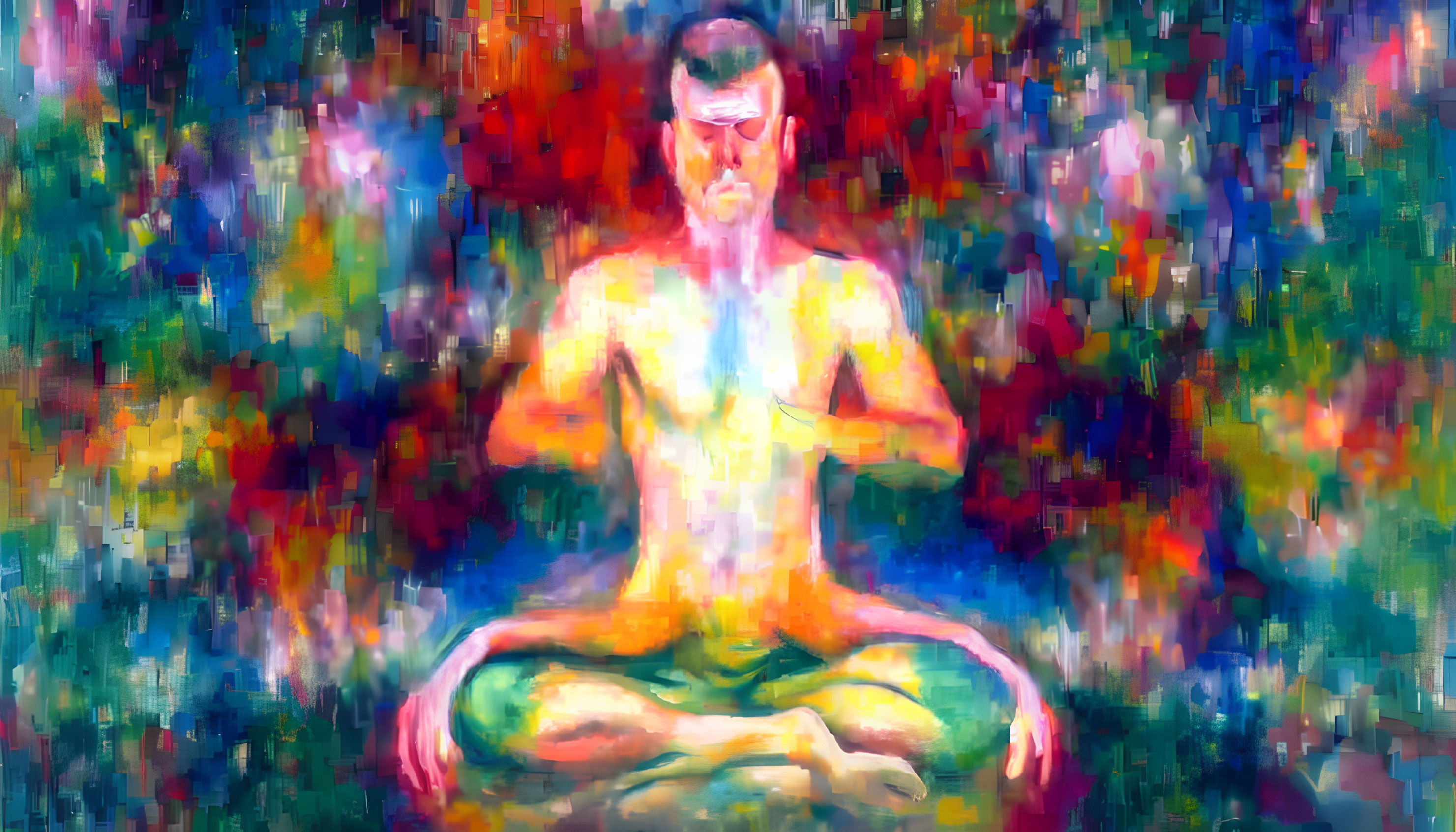 Colorful Abstract Painting of Meditating Person with Energy Aura
