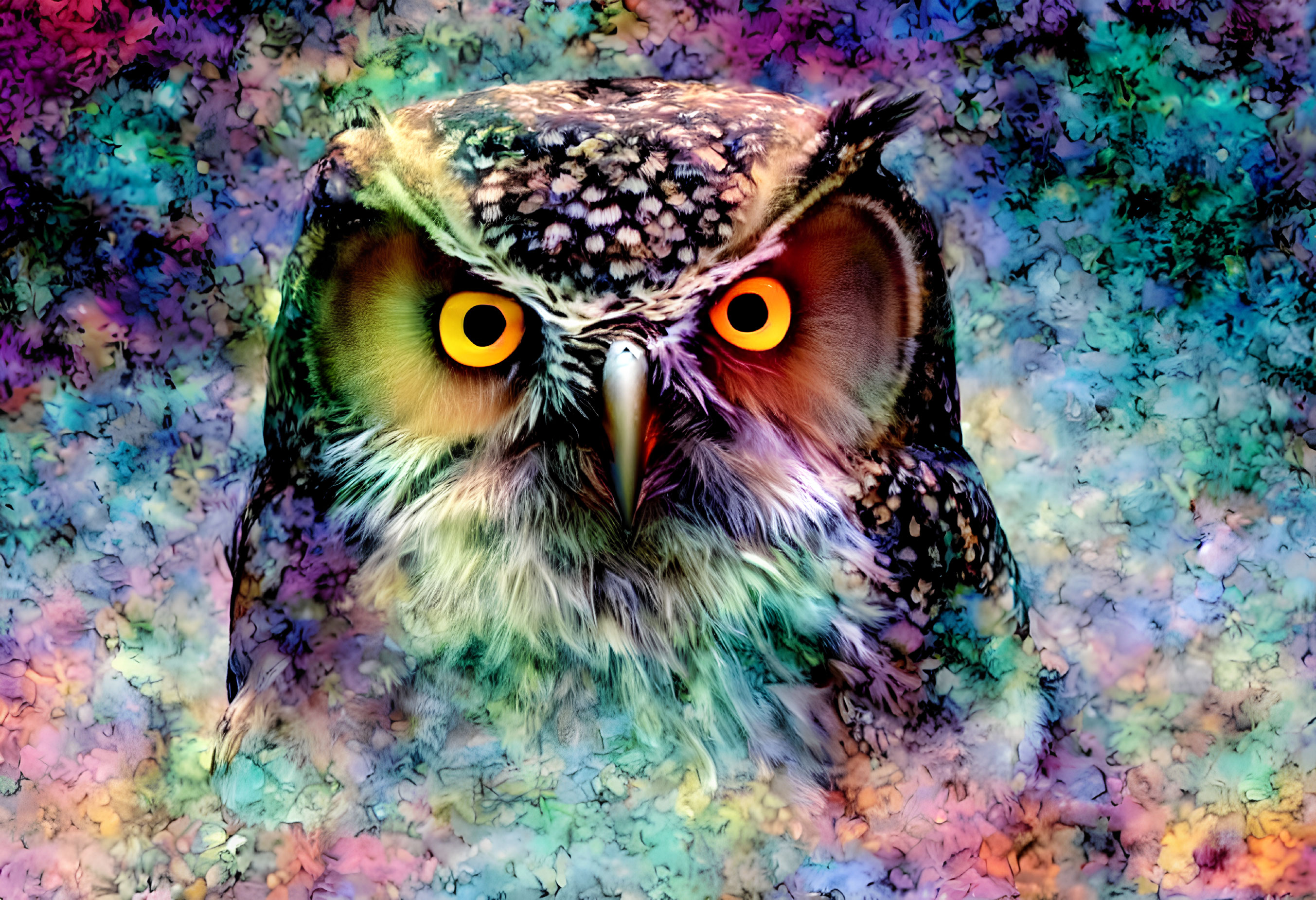 Colorful Close-Up of Owl with Yellow Eyes on Textured Background