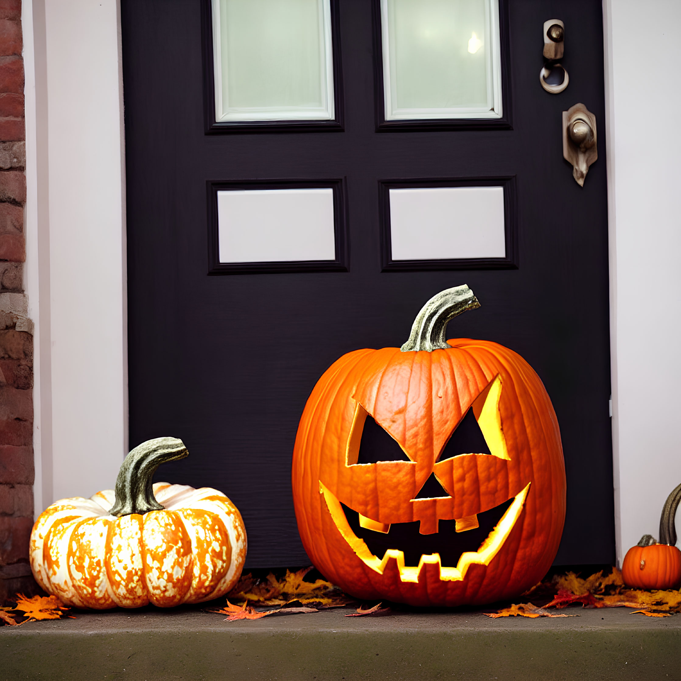 Carved pumpkin with glowing face among autumn leaves and black door