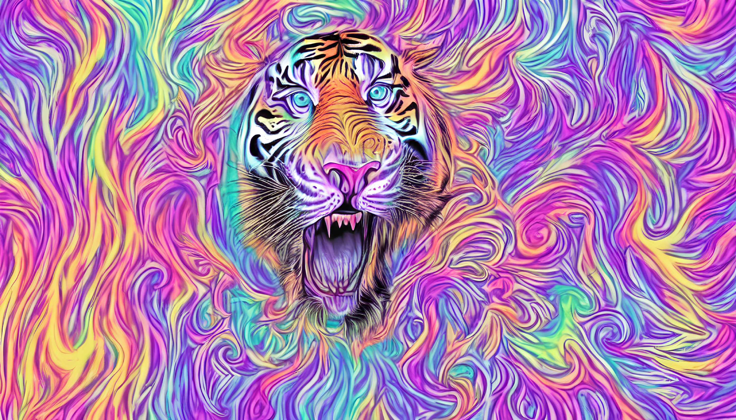Colorful Tiger Face Painting with Psychedelic Abstract Patterns