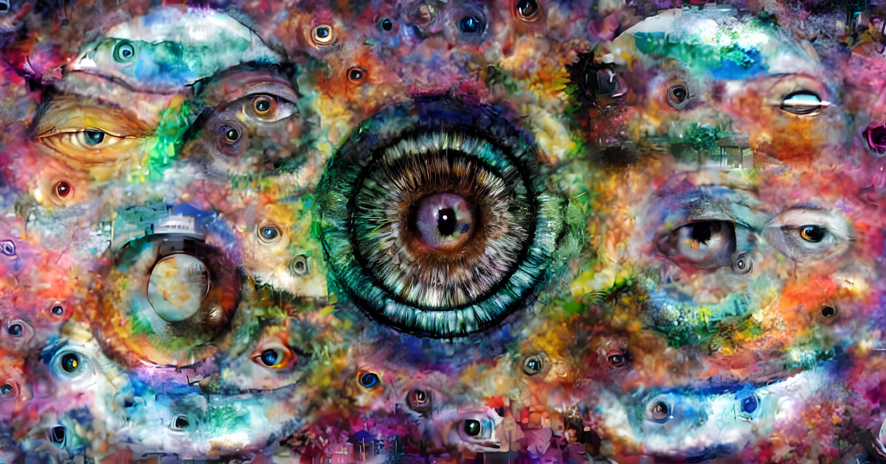 Vibrant surreal artwork: central realistic eye surrounded by various eyes in cosmic setting