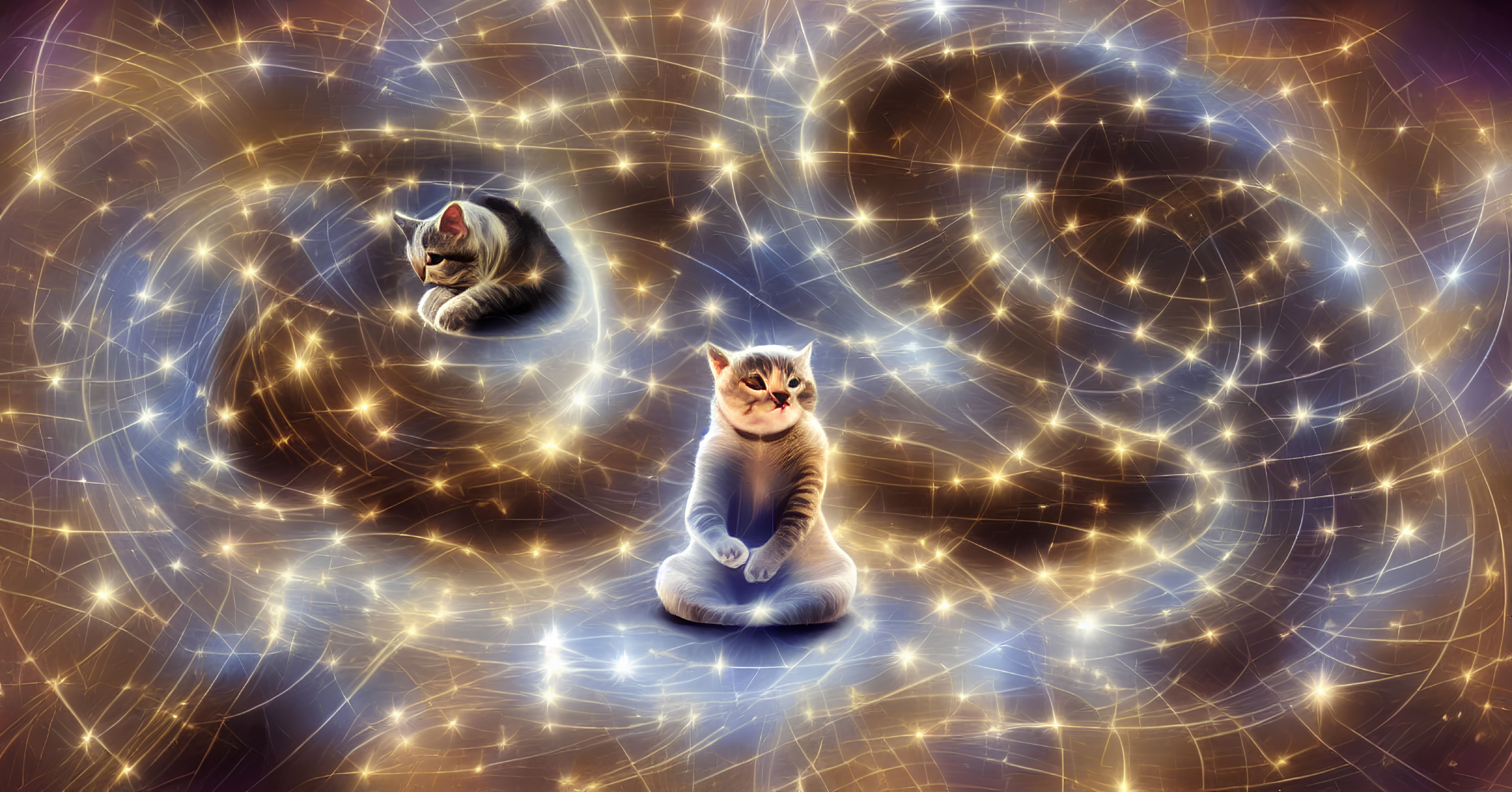 Digital Art: Two Cats with Cosmic Patterns and Swirling Lights