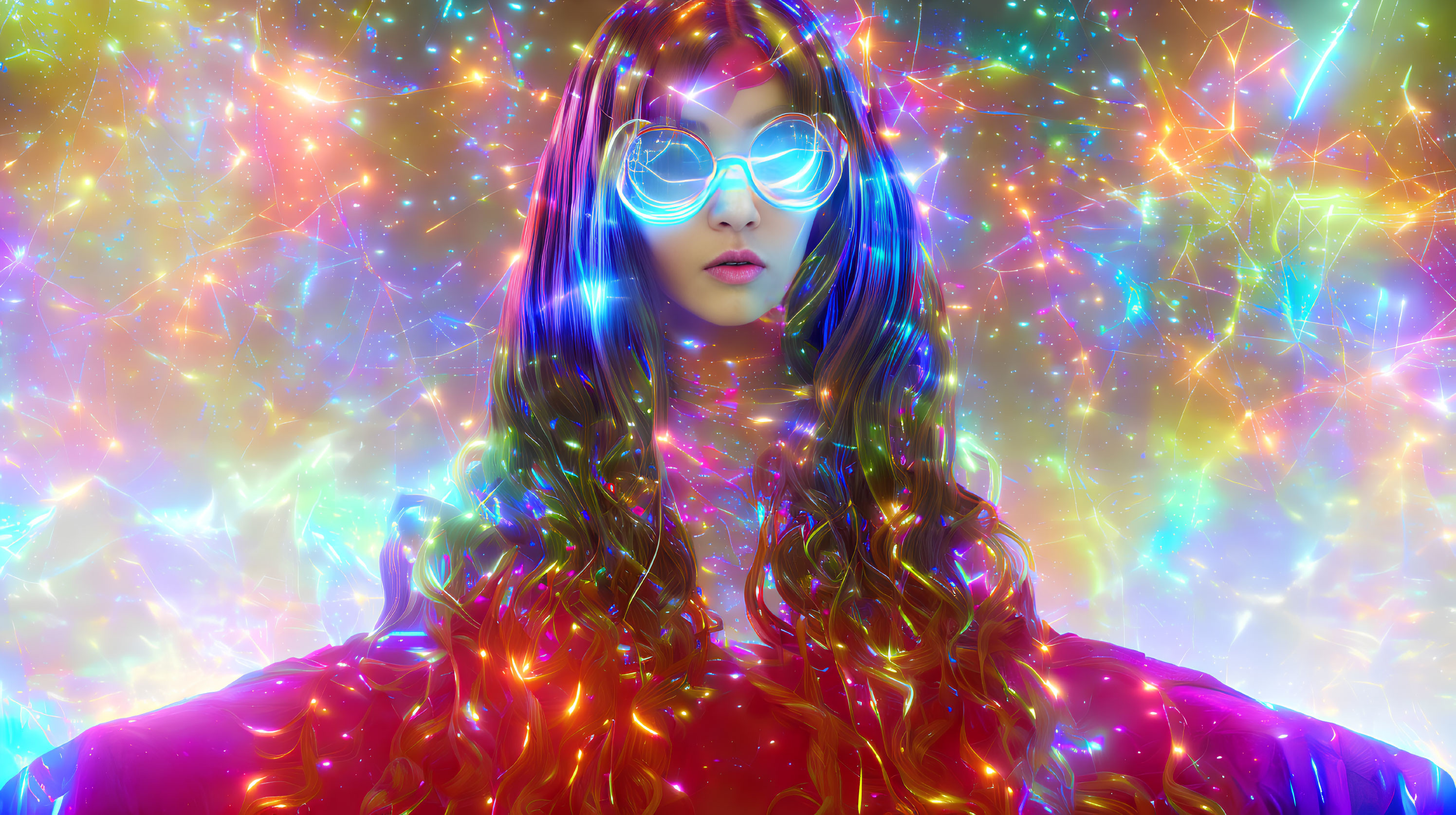 Colorful digital artwork: Person with glowing hair and sunglasses on neon background