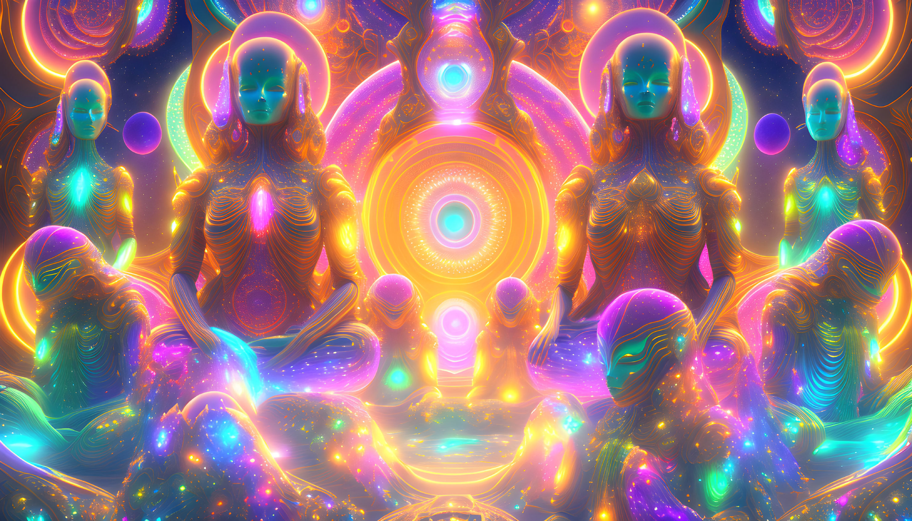 Symmetrical alien-like female figures in vibrant, cosmic digital artwork