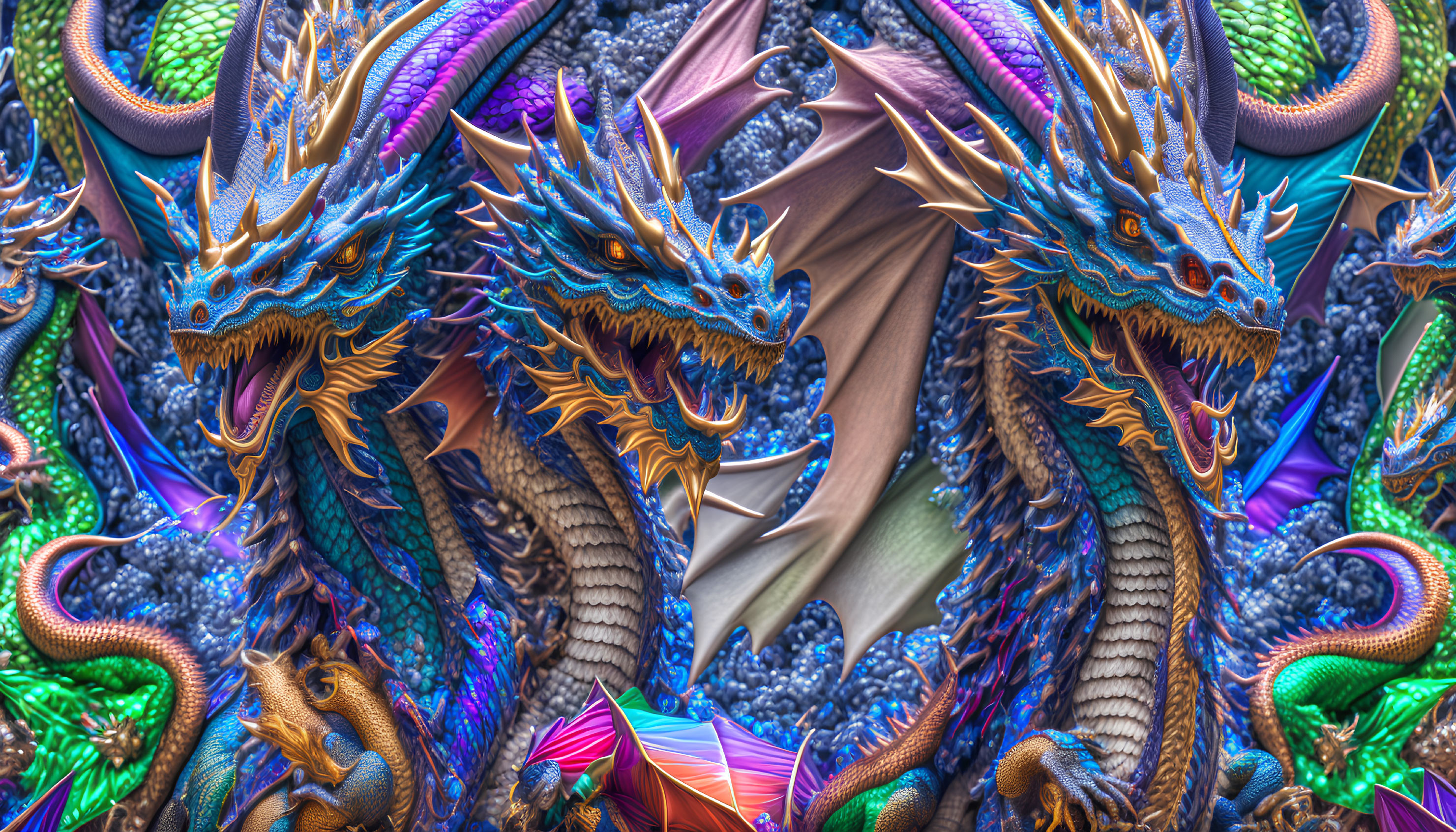 Detailed digital artwork of twin blue dragons in symmetrical fantasy design
