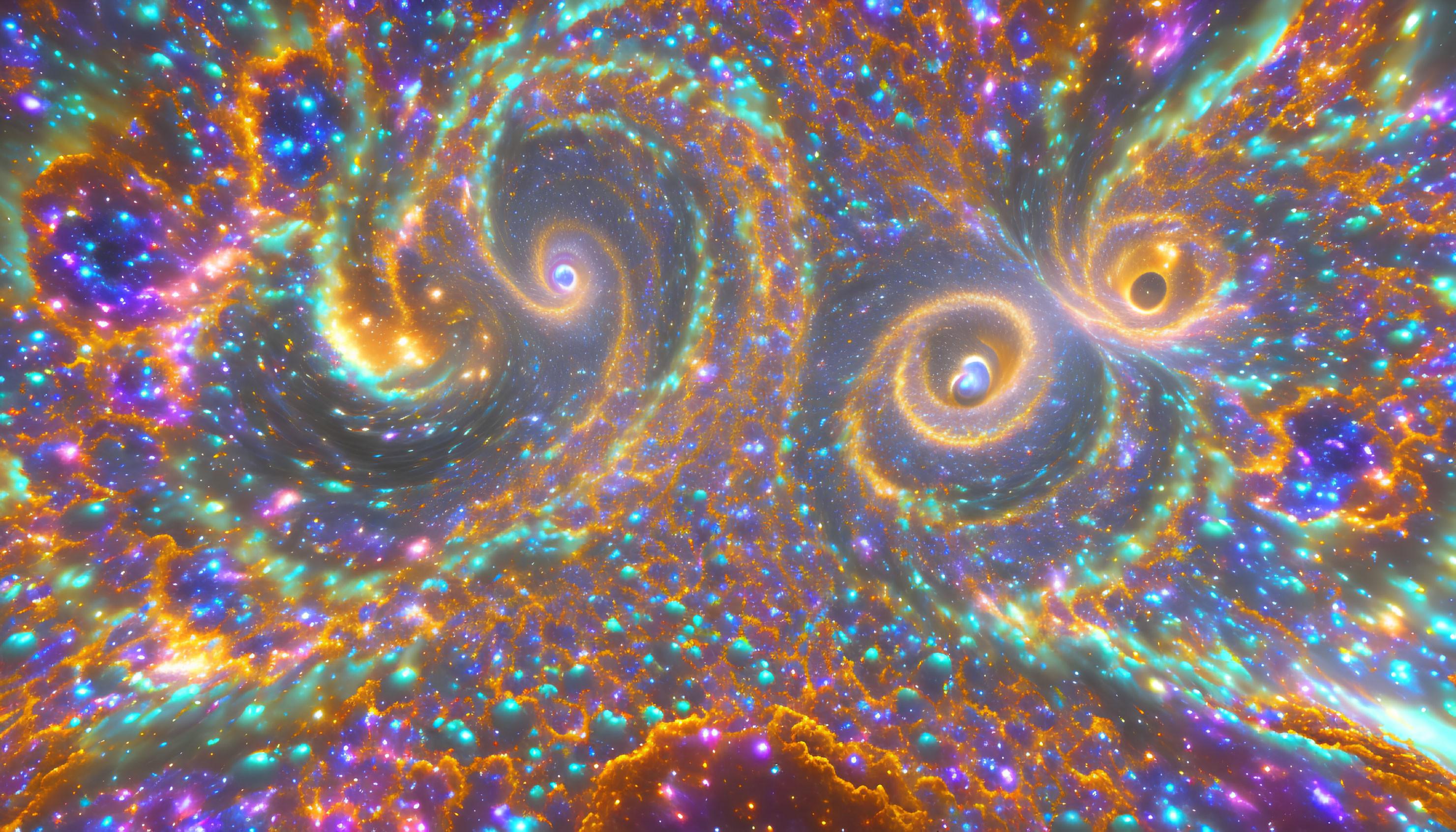 Colorful Cosmic Digital Art with Swirling Patterns in Orange, Blue, and Pink