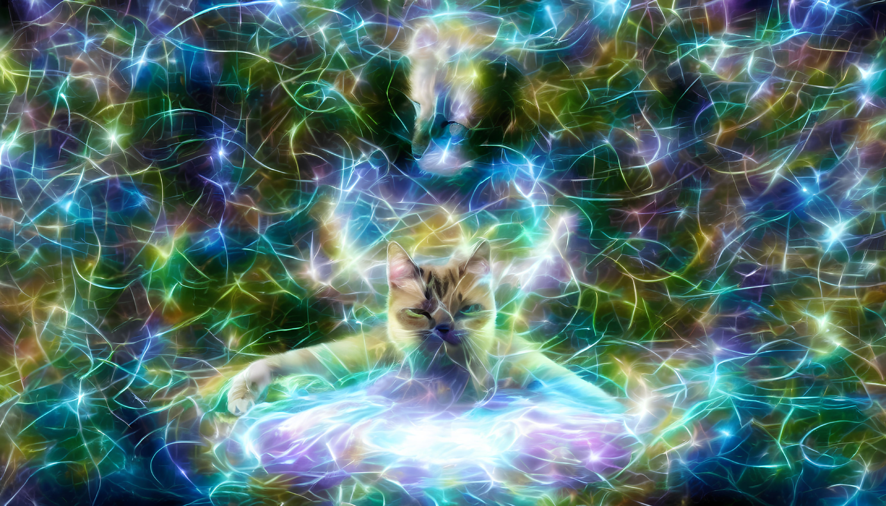Colorful digital art: Cat with ethereal aura amid swirling lights