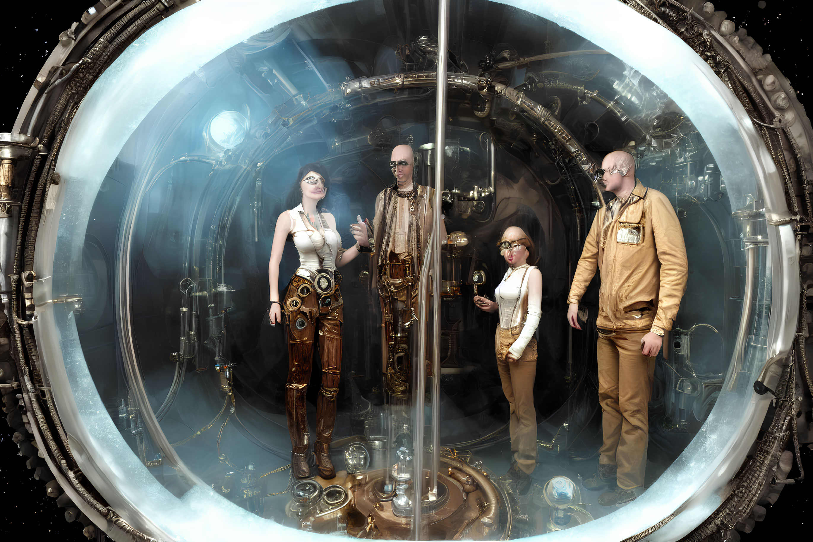 Four individuals in steampunk attire in circular glass chamber with mechanical backdrop