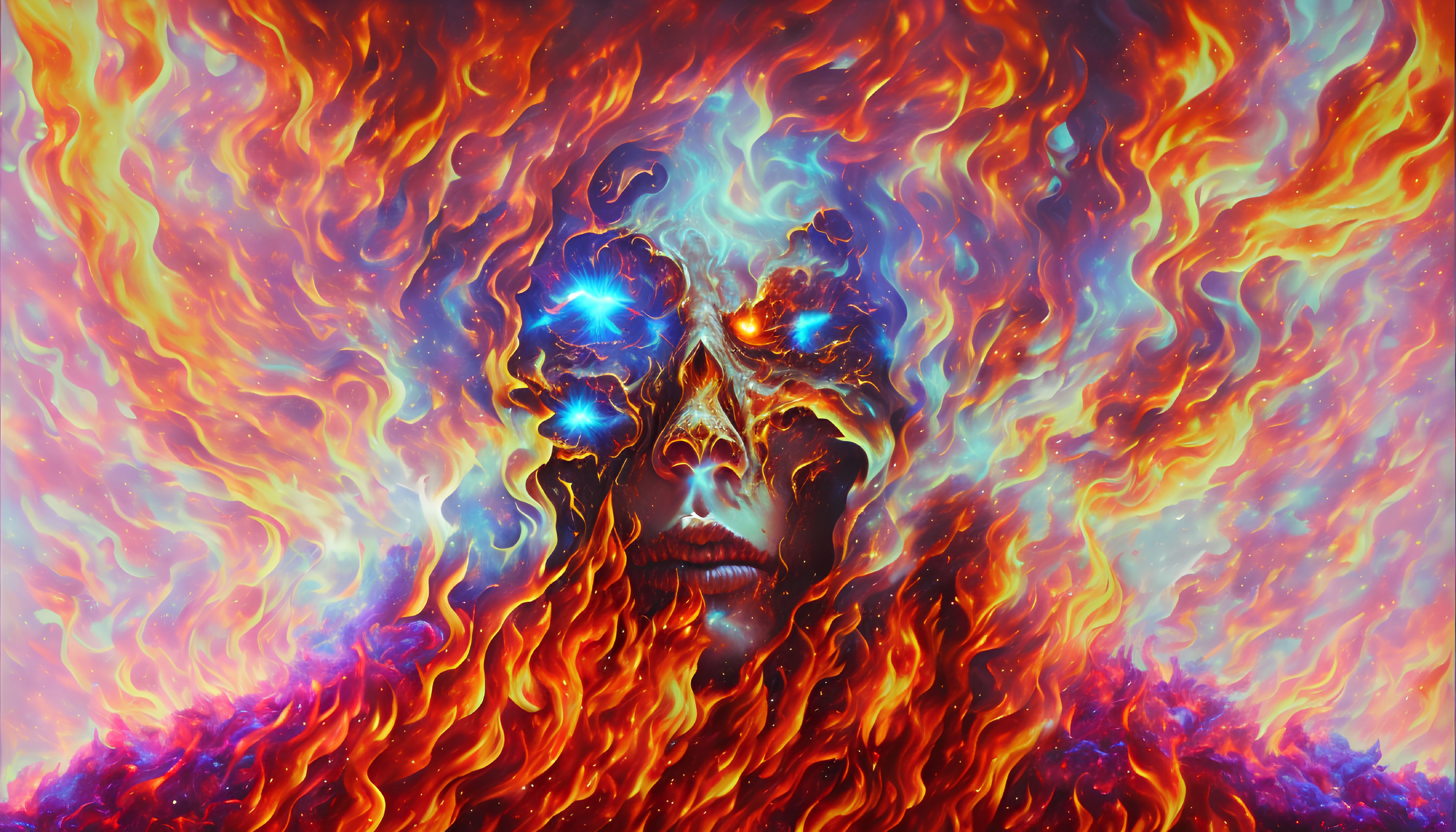 Digital artwork: Face in flames with cosmic eyes