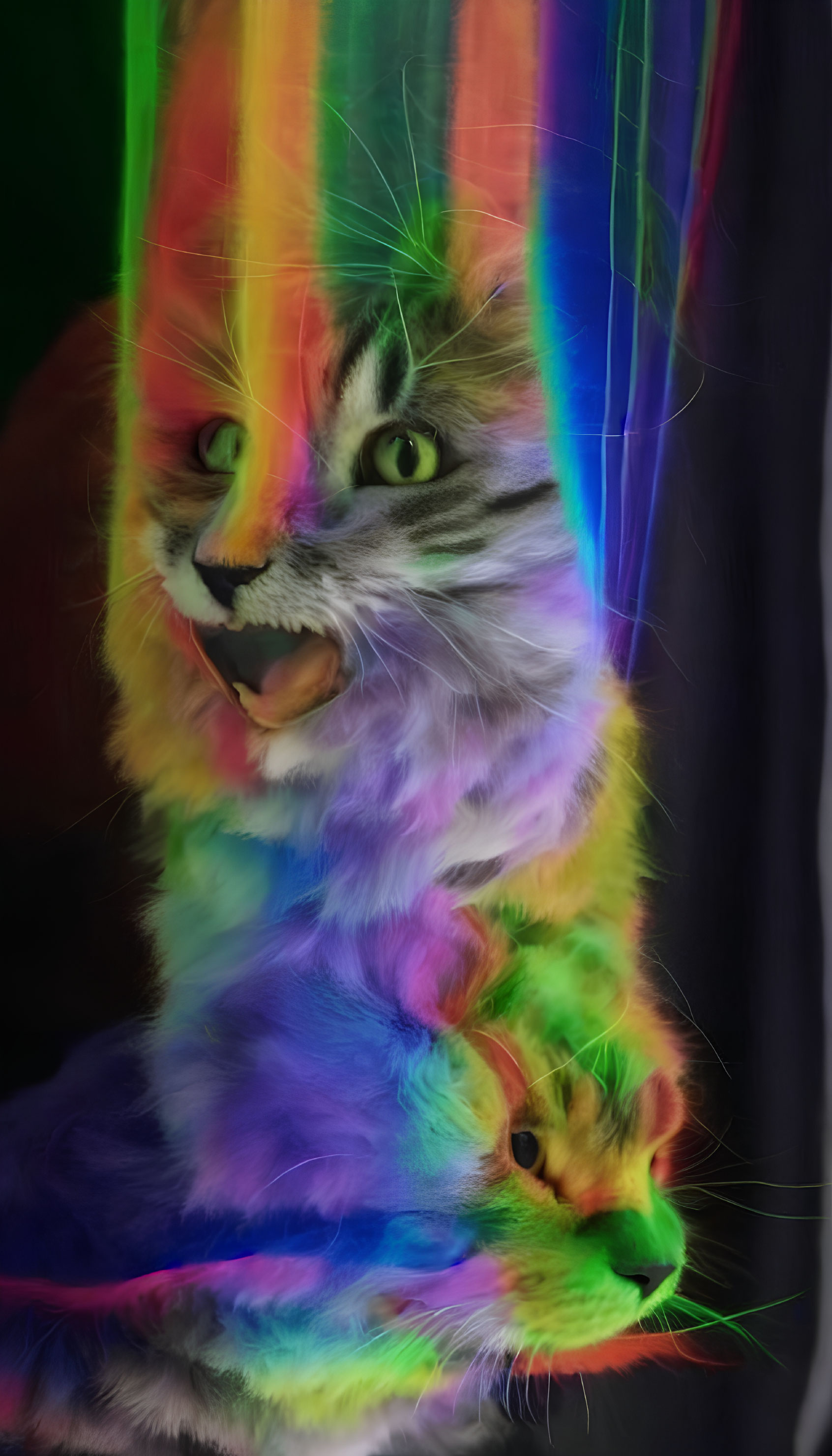 Rainbow-colored cat with vivid fur overlay.