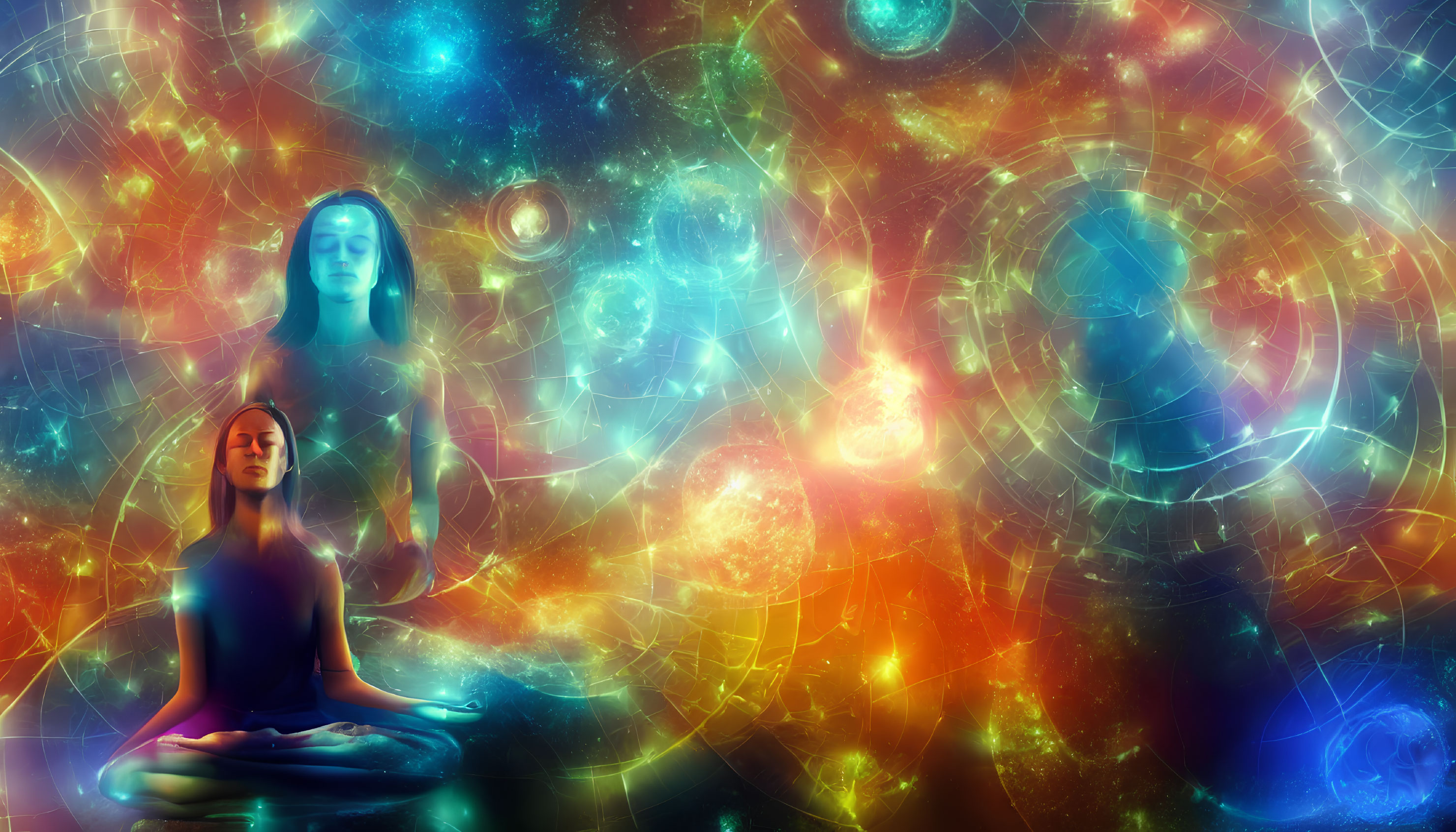 Meditation scene with celestial bodies and cosmic energy patterns