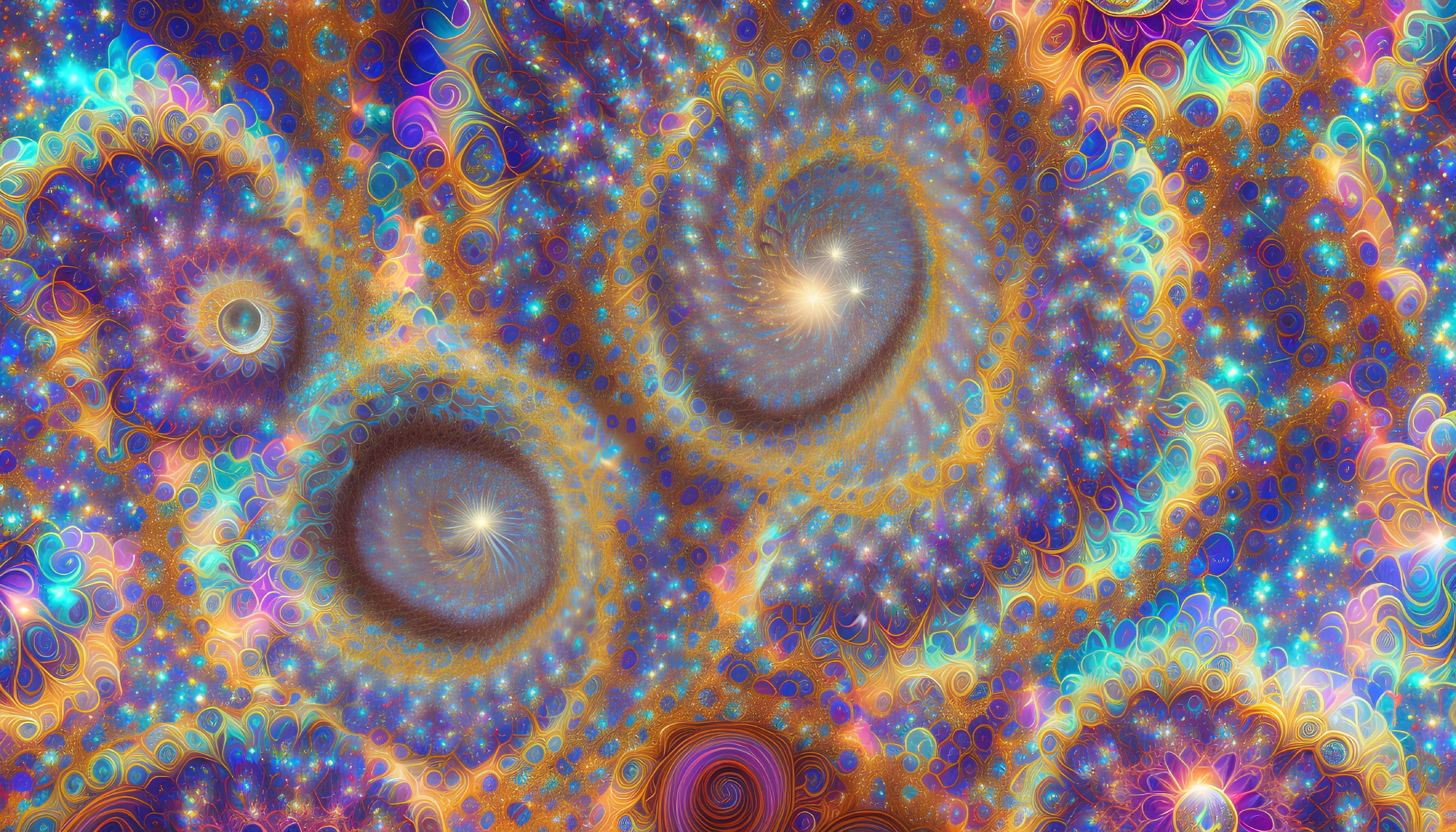 Colorful Fractal Image with Heart-like Shapes in Blue, Orange, Purple