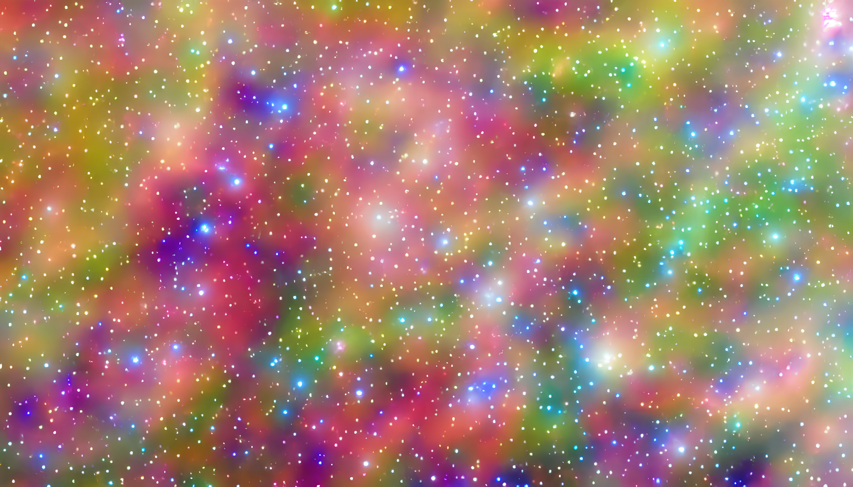 Multicolored space nebula with stars in pink, blue, green, and yellow