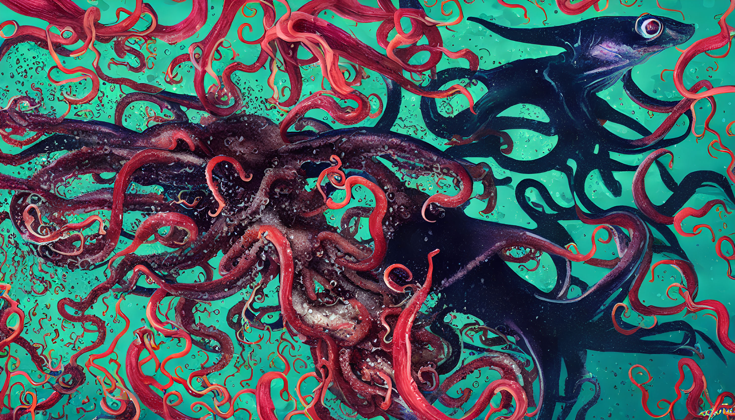 Detailed Red and Black Octopus Entwined with Blue Marlin in Vibrant Underwater Scene