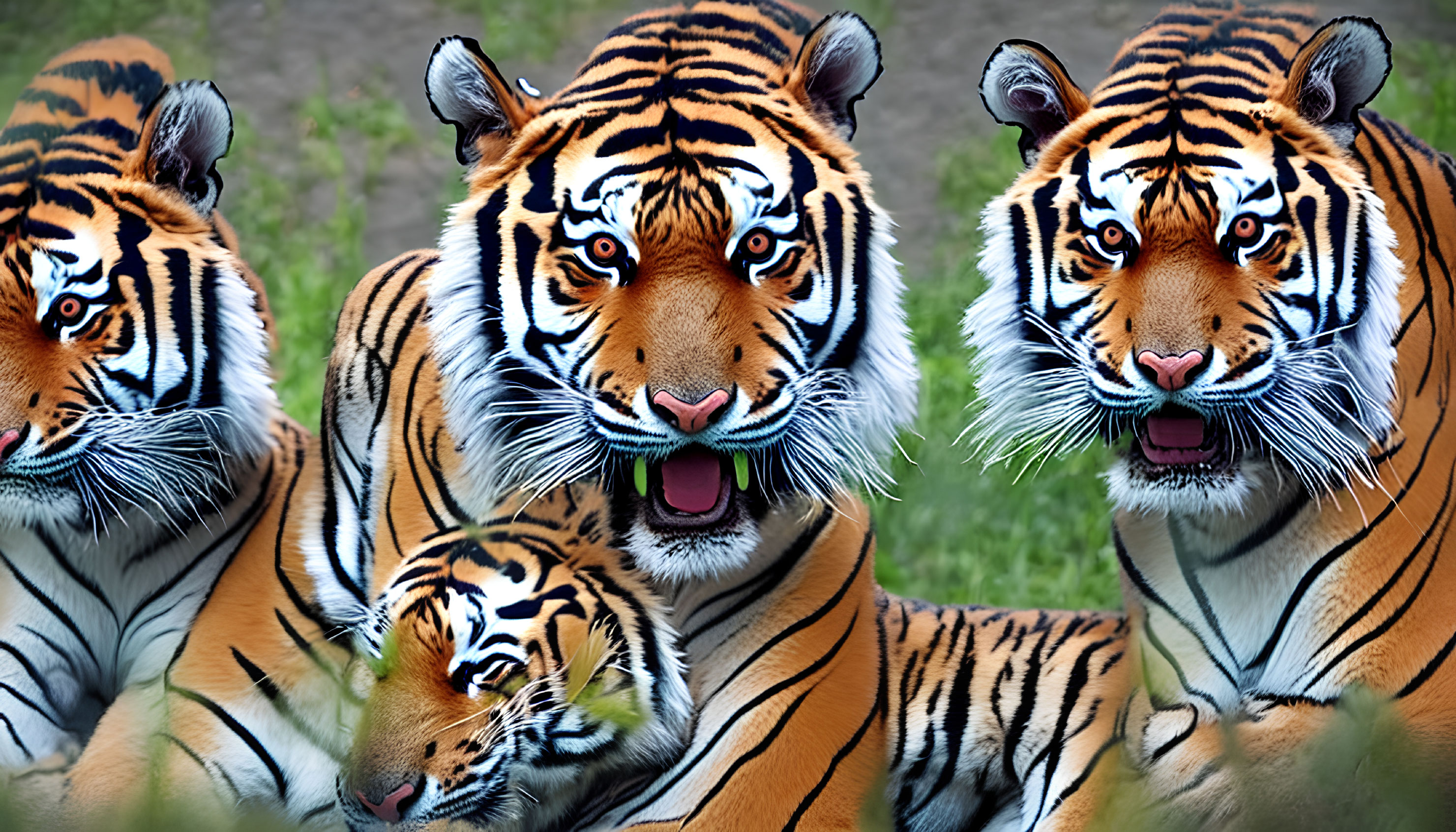 Three Tigers Resting in Grass, Two Facing Camera