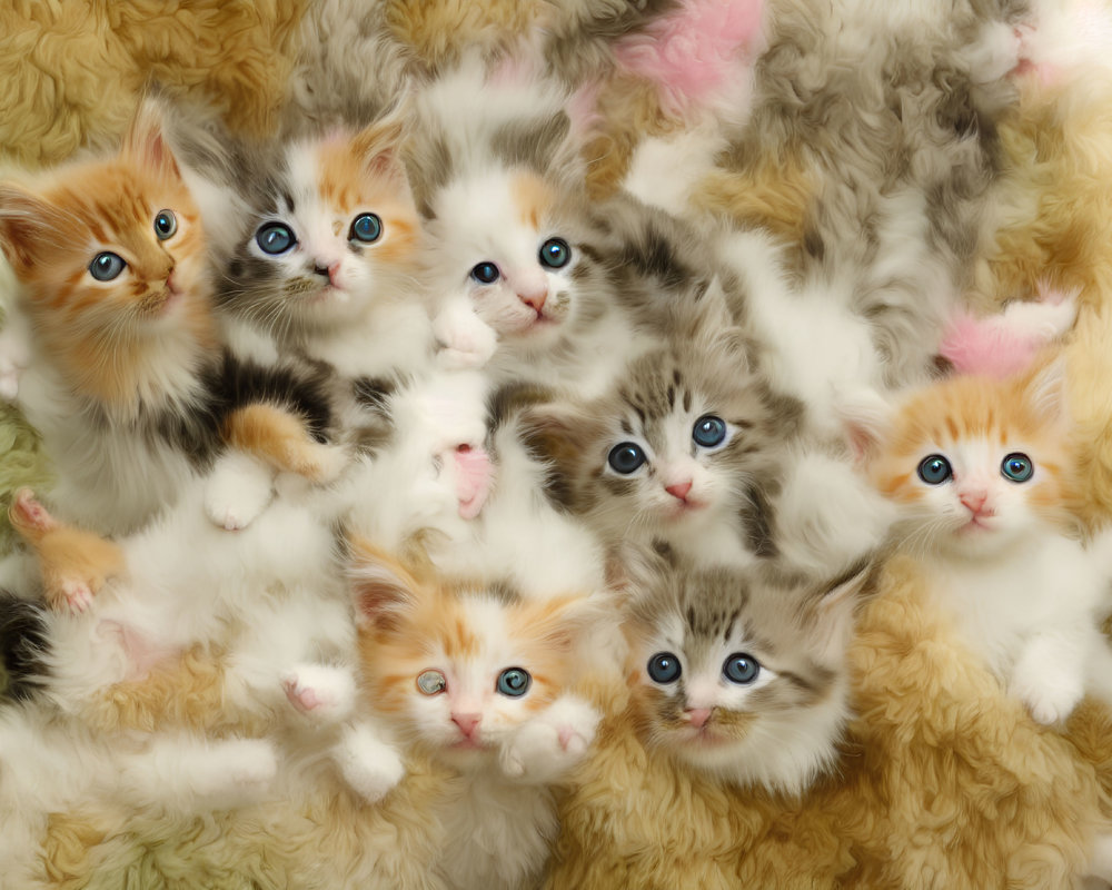 Group of Fluffy Kittens with Bright Blue Eyes Cuddled Together