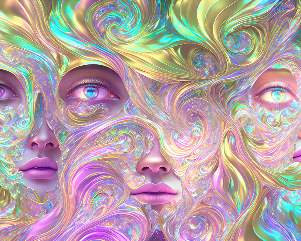 Surreal digital artwork: vivid blue eyes with pastel swirls