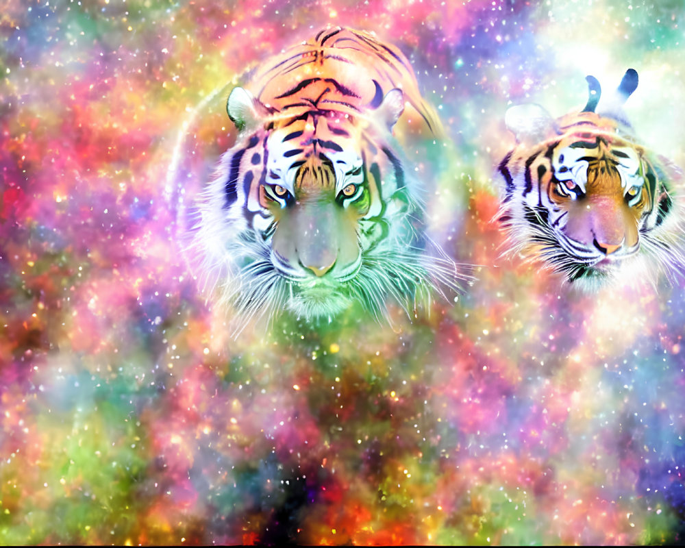 Colorful Wildlife Illustration: Vibrant Tigers in Cosmic Background
