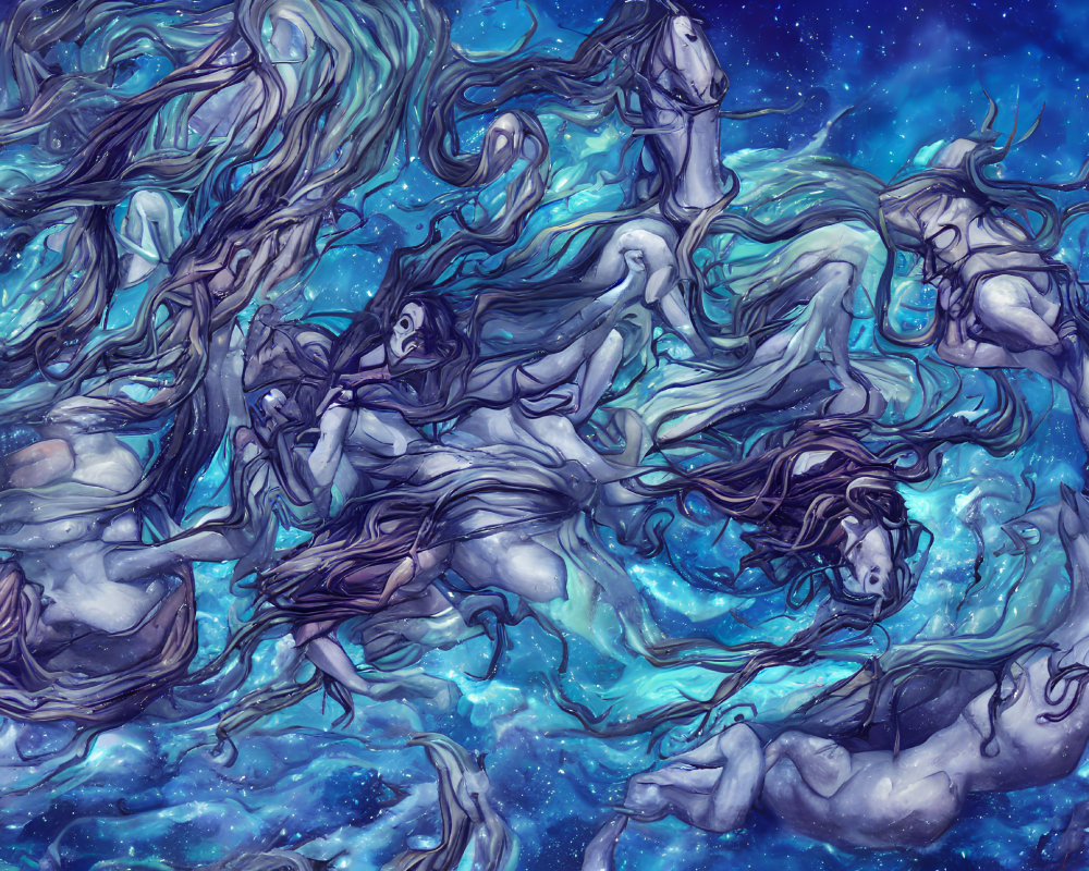 Ethereal figures with flowing hair in cosmic blue nebula